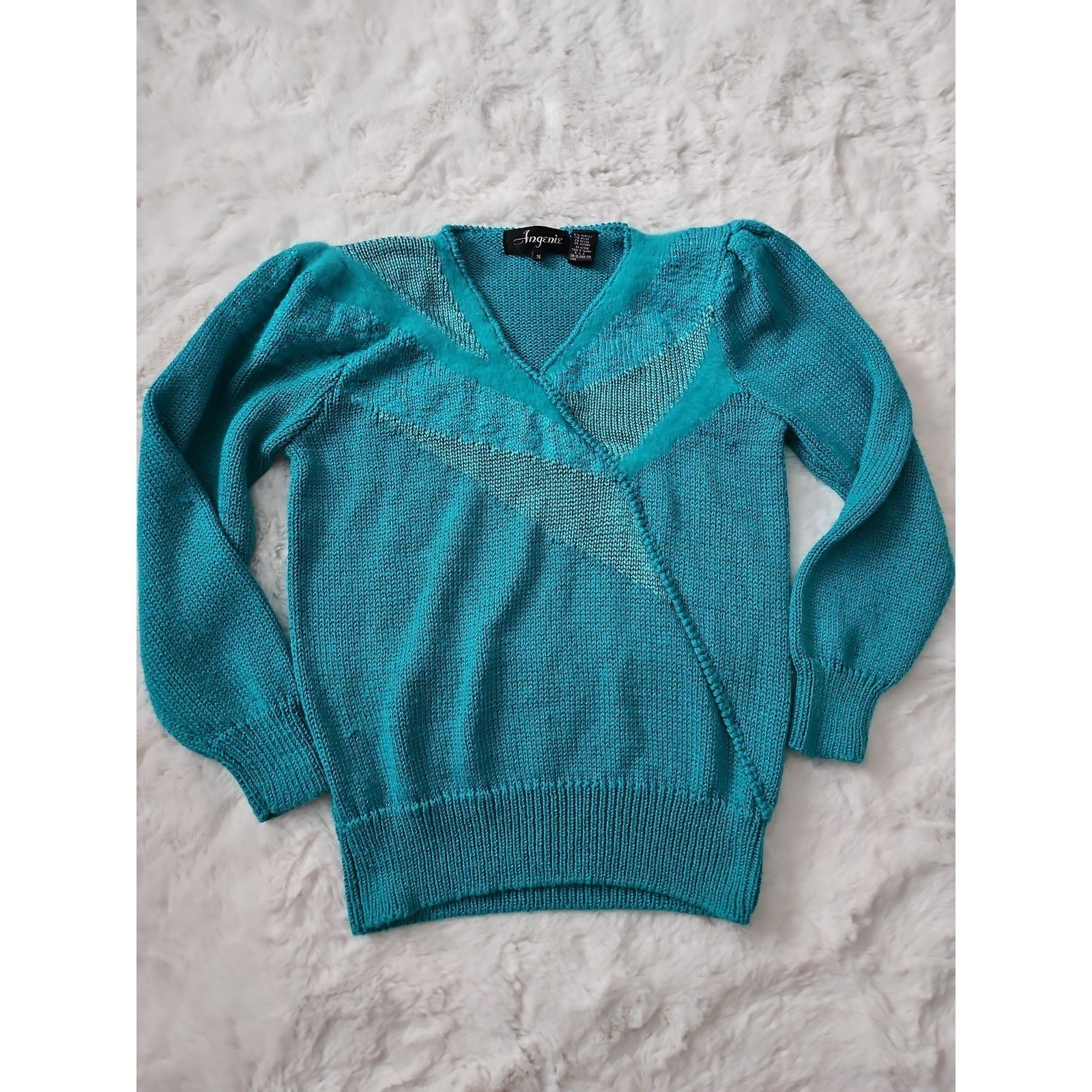 Angenie Sweater Women Small Teal Blue Excellent Vintage 80s V-Neck Angora Blend