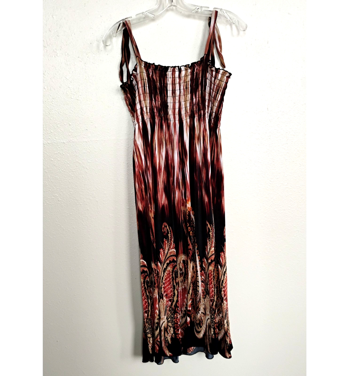 Vtg Win Win Fashion Sun Dress Brown/Cream Chest Shirring Shoulder Strap Size L