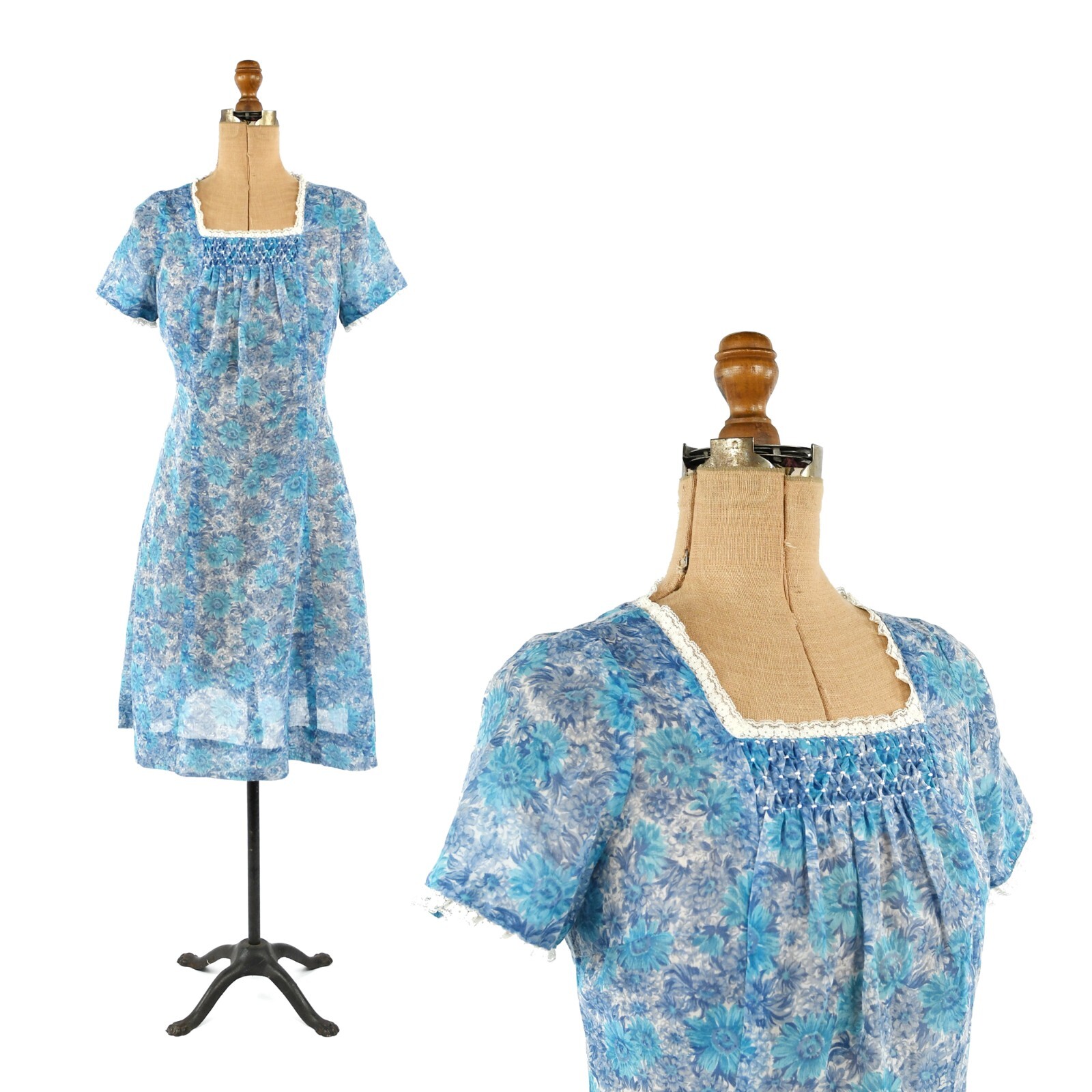 Vintage 50s Semi Sheer Cotton Blue Floral Novelty Print Cottage Prairie Dress M