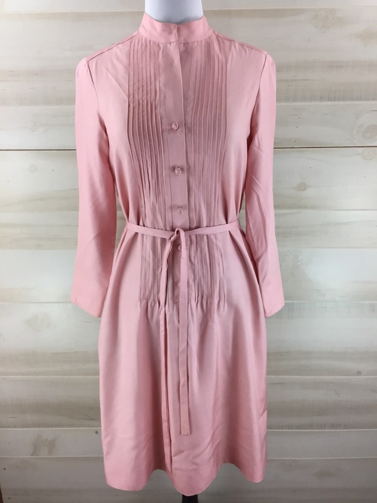 Vintage 70s 100% silk pink pin tuck belted tunic dress pockets mandarin collar M
