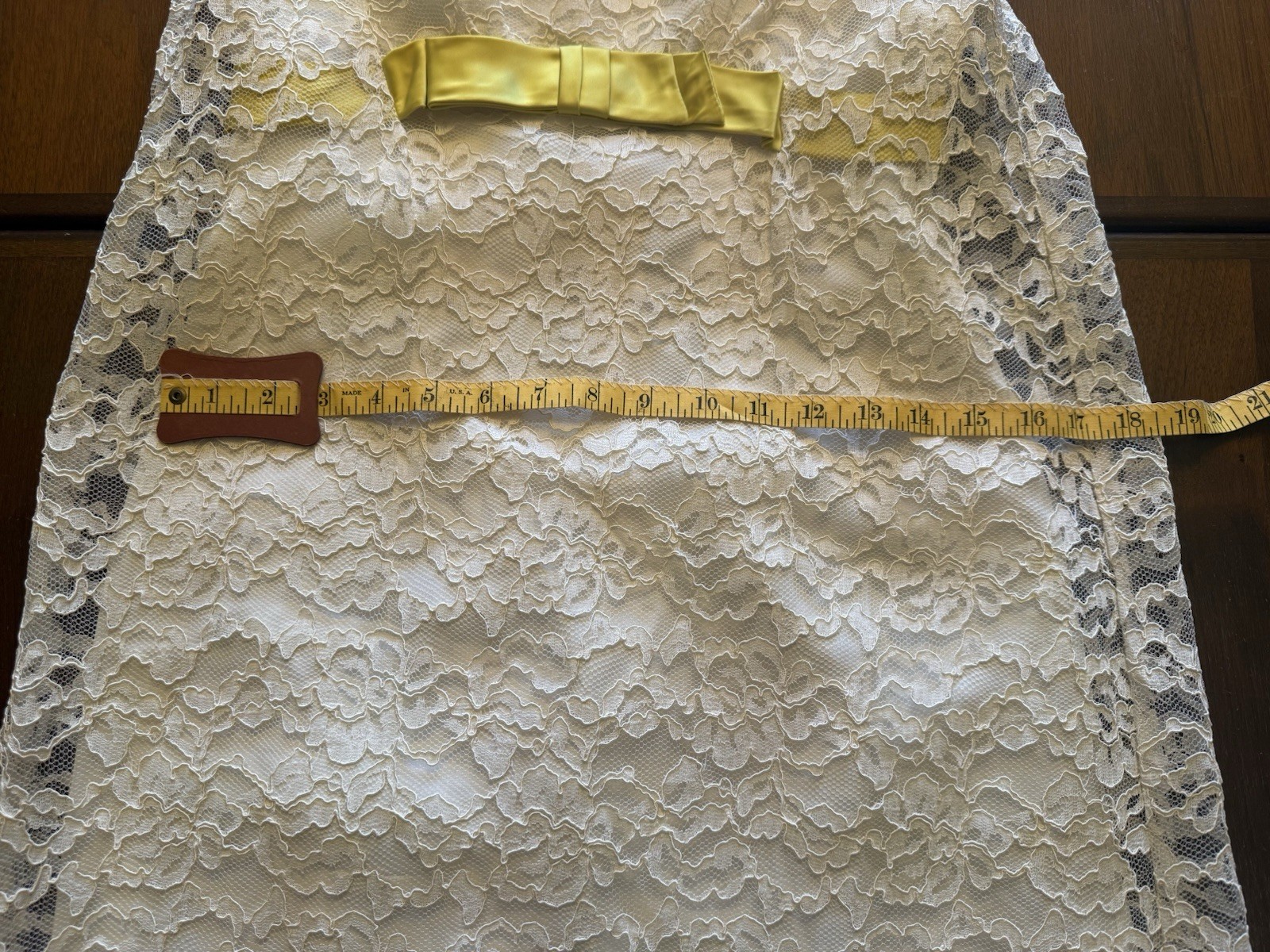 Victorian Ivory Lace Slip Dress 1960s Floral Long 53” SZ 9 Chartreuse Ribbon
