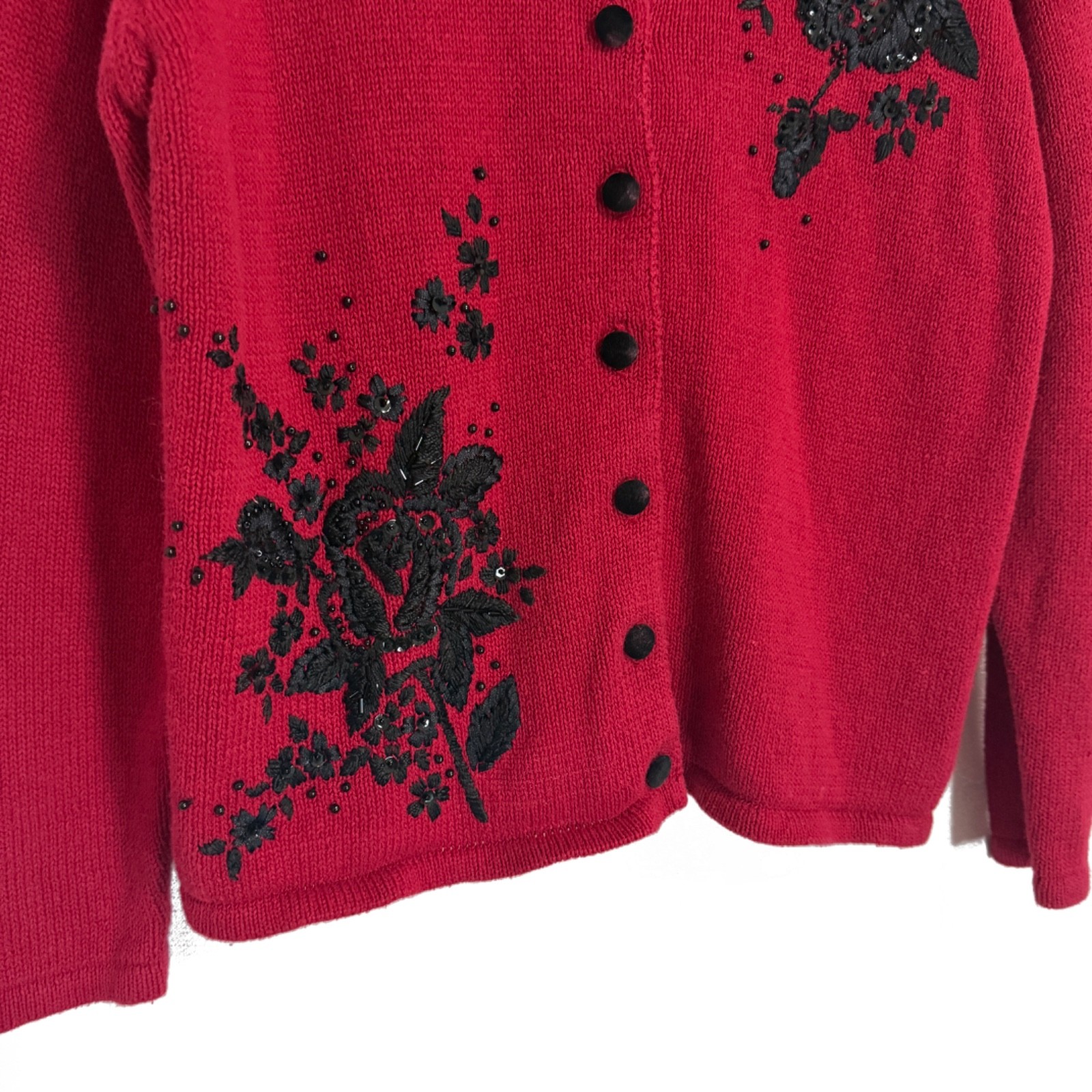Vintage 90s Red Pinup Cardigan With Black Floral Embroidery and Beading Size M