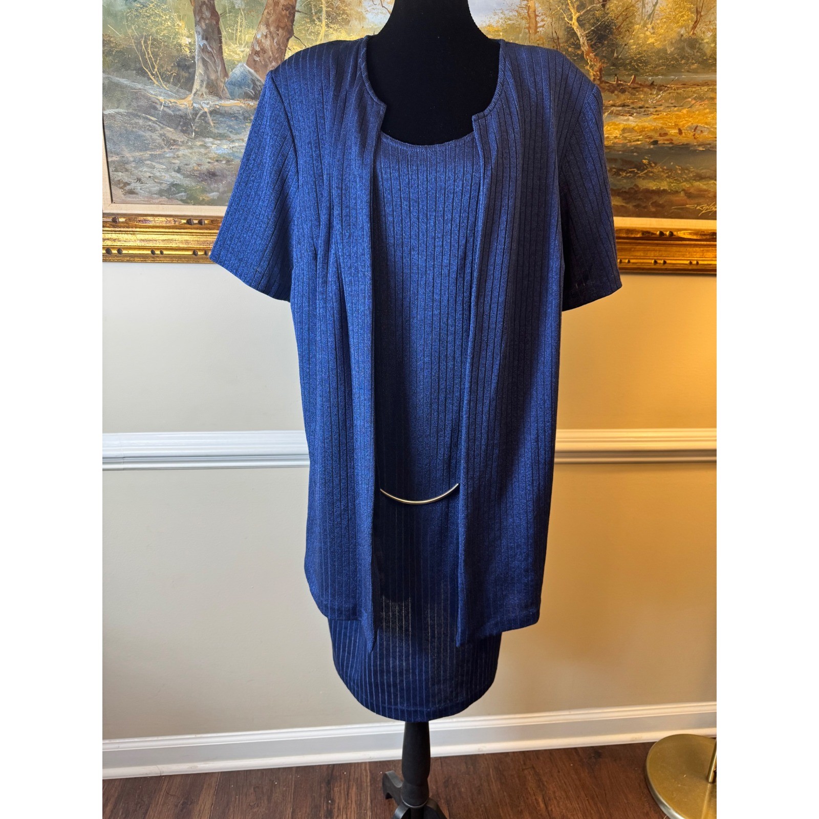 Pride & Joy Vintage Blue Metallic Ribbed Knit Dress and Cardigan Set Size 18W