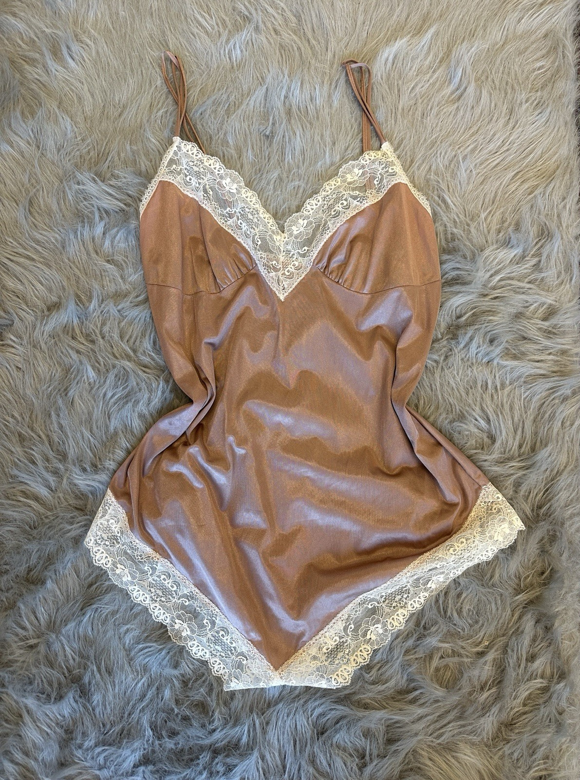 Vintage 80s Lingerie Teddy Romper Mauve Purple Lace Trim Nylon Slinky L/XL