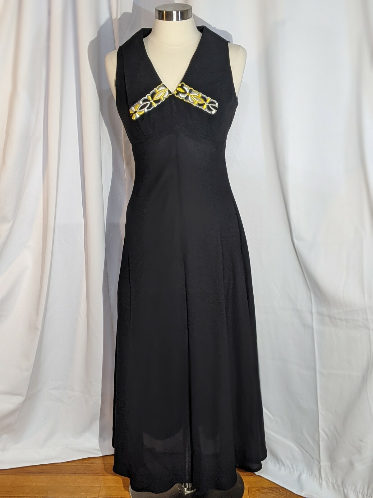 70s Boho Disco Black Yellow Embroidered Maxi Dress ILGWU Union Sz S M Vtg 12