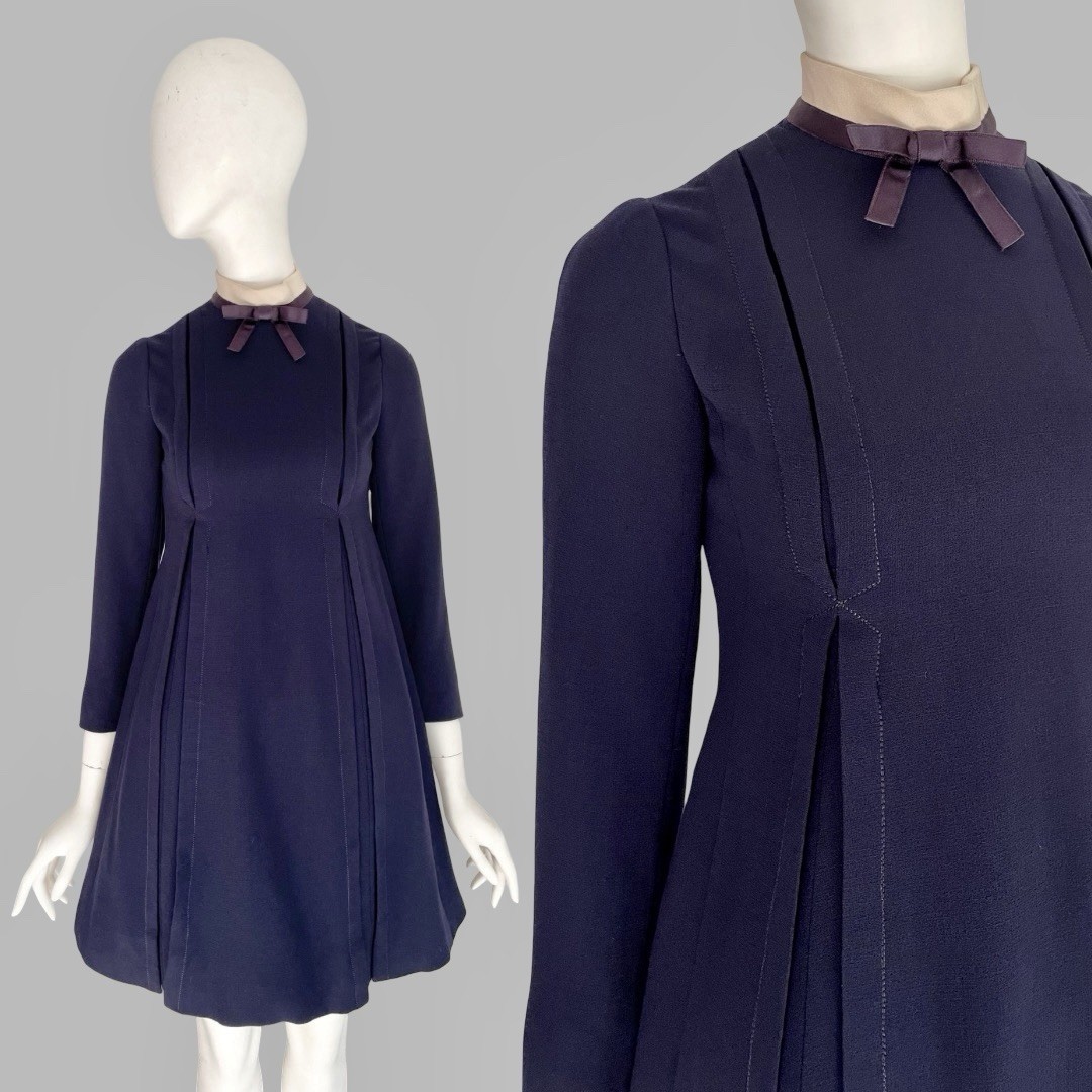 Geoffrey Beene 1960s Size XS Vintage Navy Pleated Wool Babydoll Mini Dress AS IS