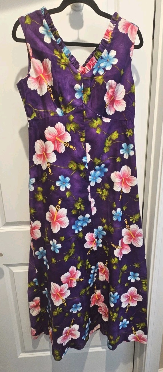 VTG Hukilau Fashions MuuMuu Maxi Dress 14 Purple Tiki Hawaiian Hibiscus Flower