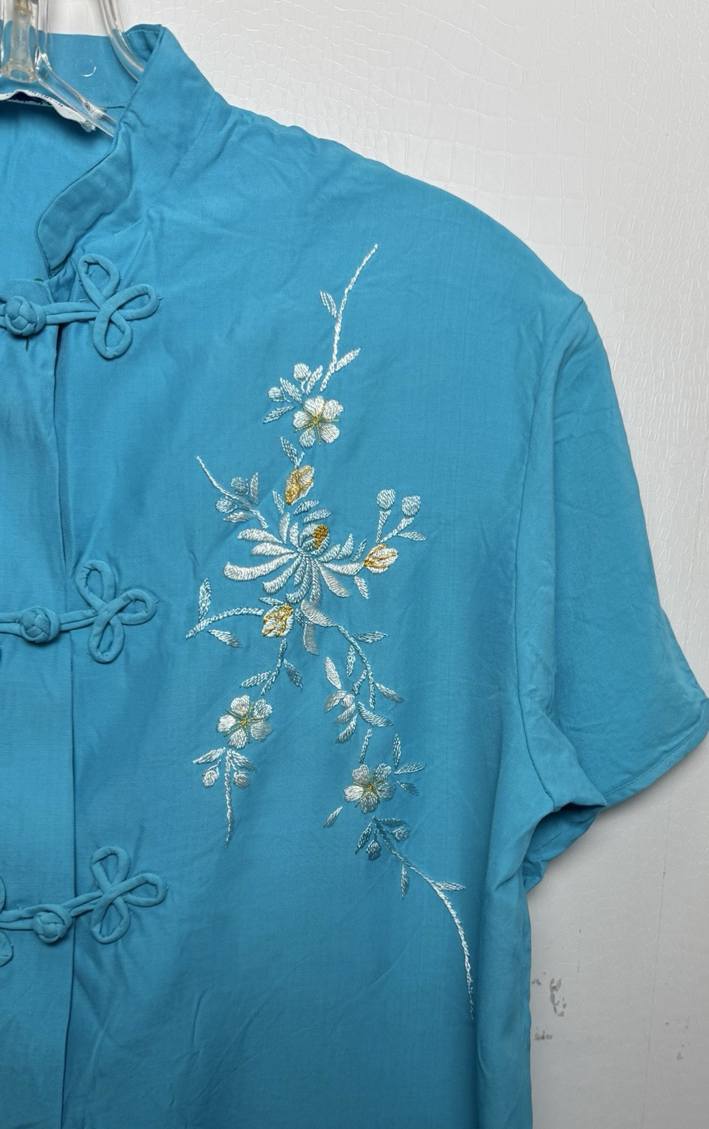 Vtg 80s Turquoise Mandarin Top M Floral Embroidered Frog Closure Rayon Japan