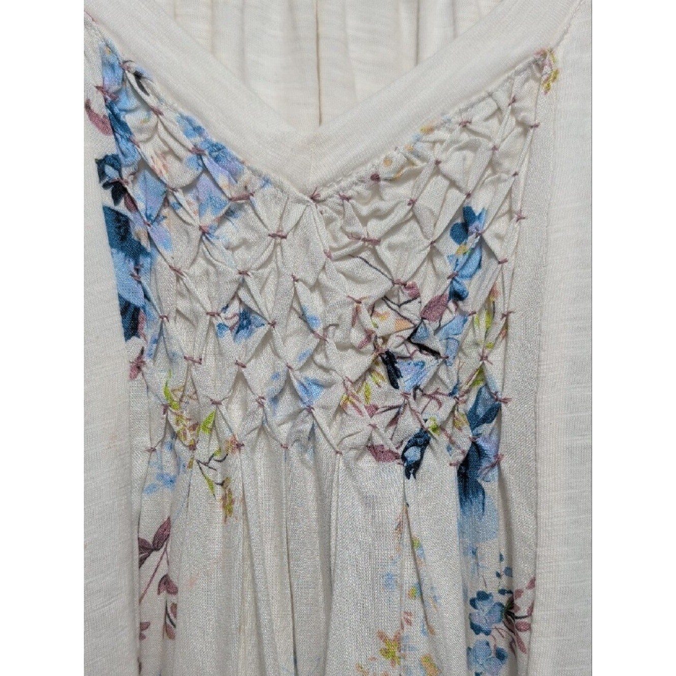 ANTHROPOLOGIE Smocked Swing Tee White Blue Floral Oversized Top Size Small Boho