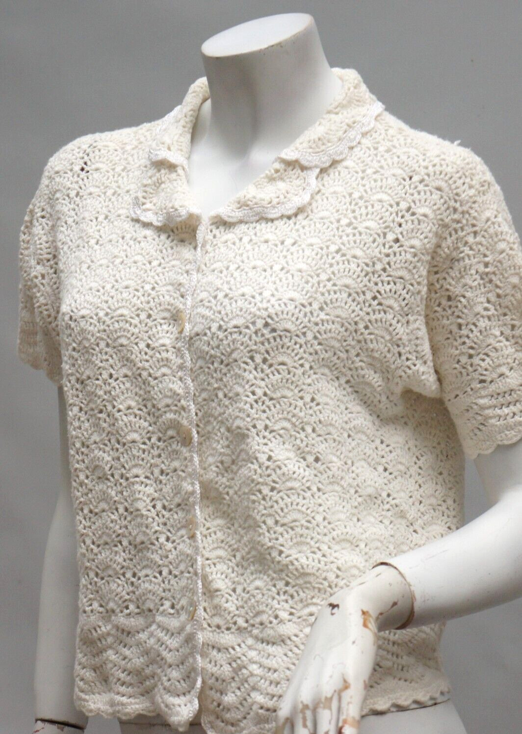 Vintage Jantzen Crochet Cardigan Sweater Open Knit Lace Mother of Pearl Buttons