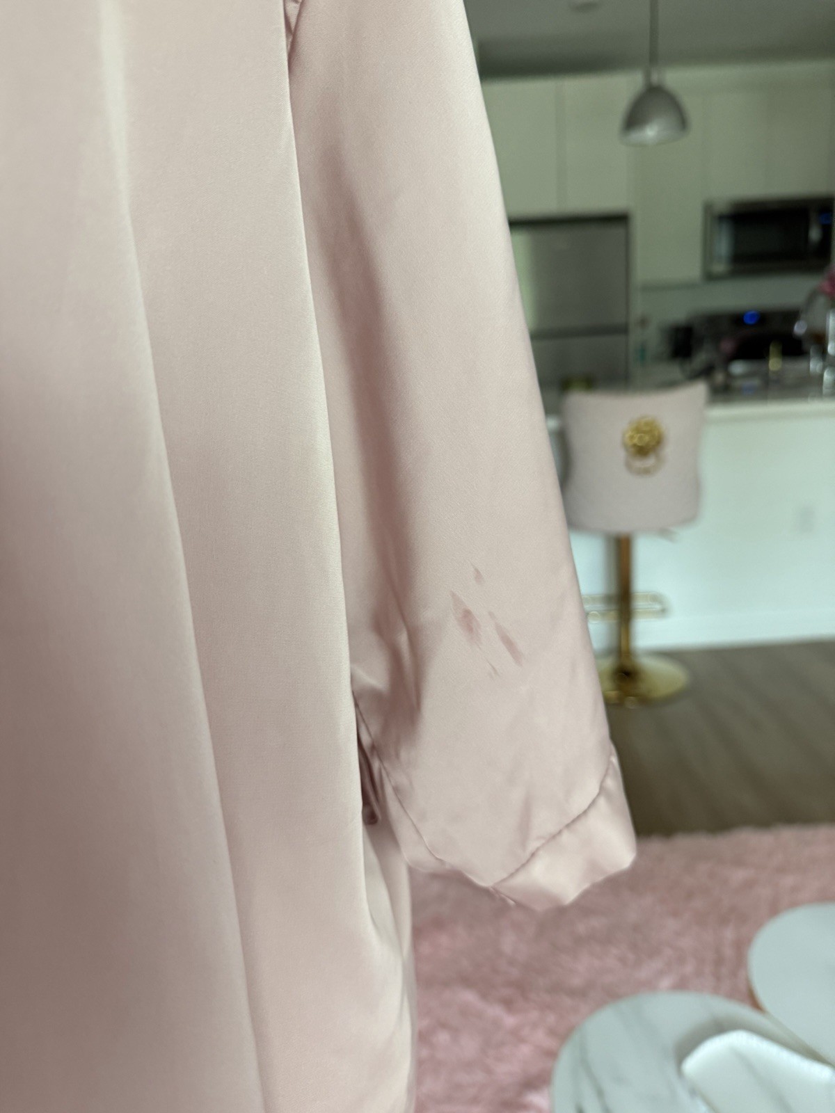 Vintage Pink satin robe with lace trim and diamond-shaped lace panel on the back