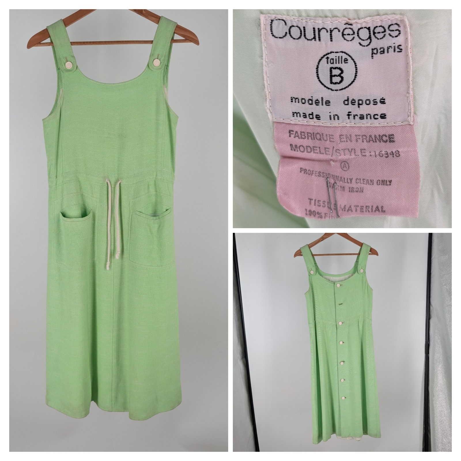 Vintage 1970s Courreges Paris Green Spun Rayon Pinafore Dress France Archival B