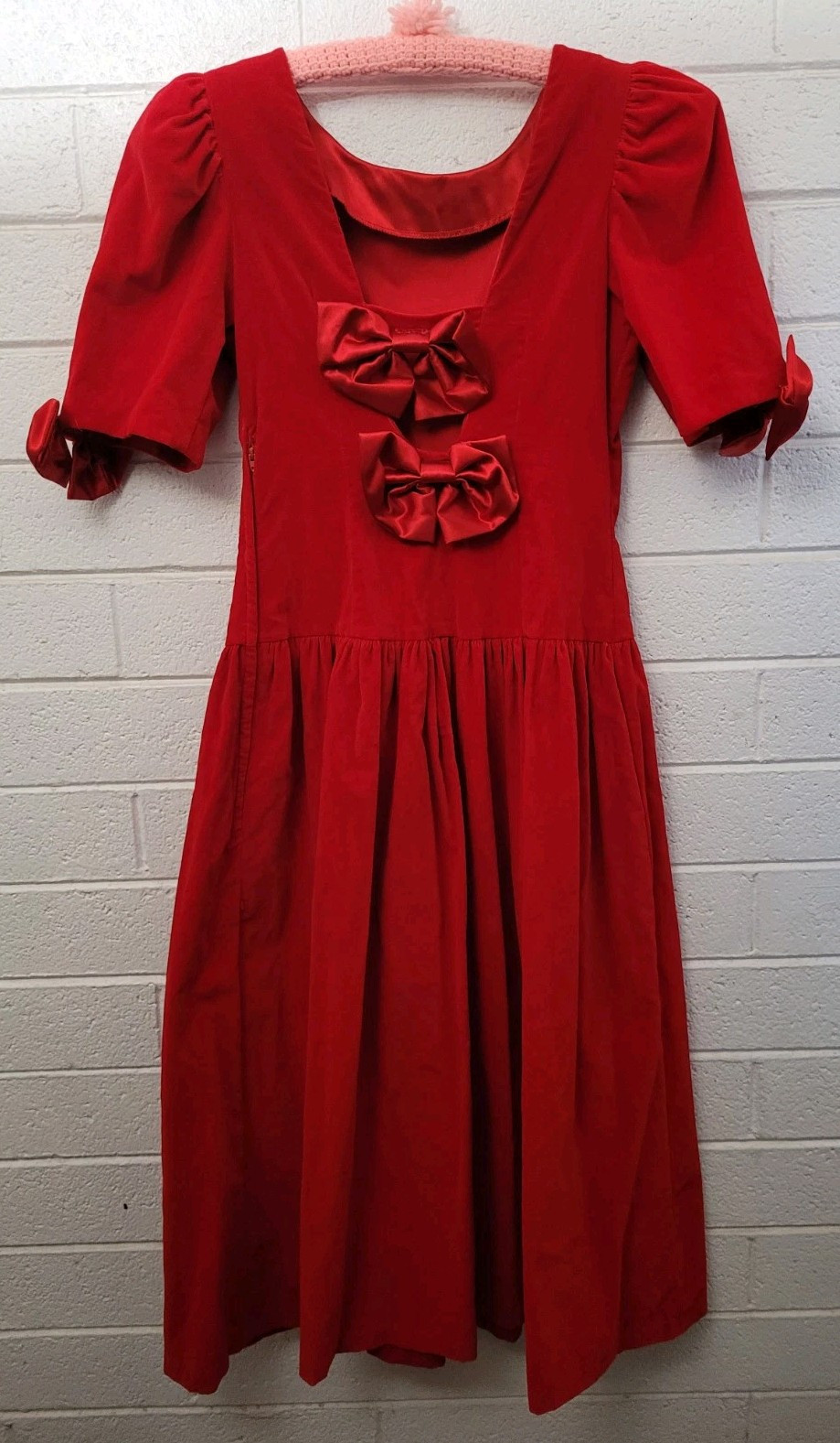 Vintage Misty Lane Red Velvet Midi Dress Big Bows 80s Size 3 / 4