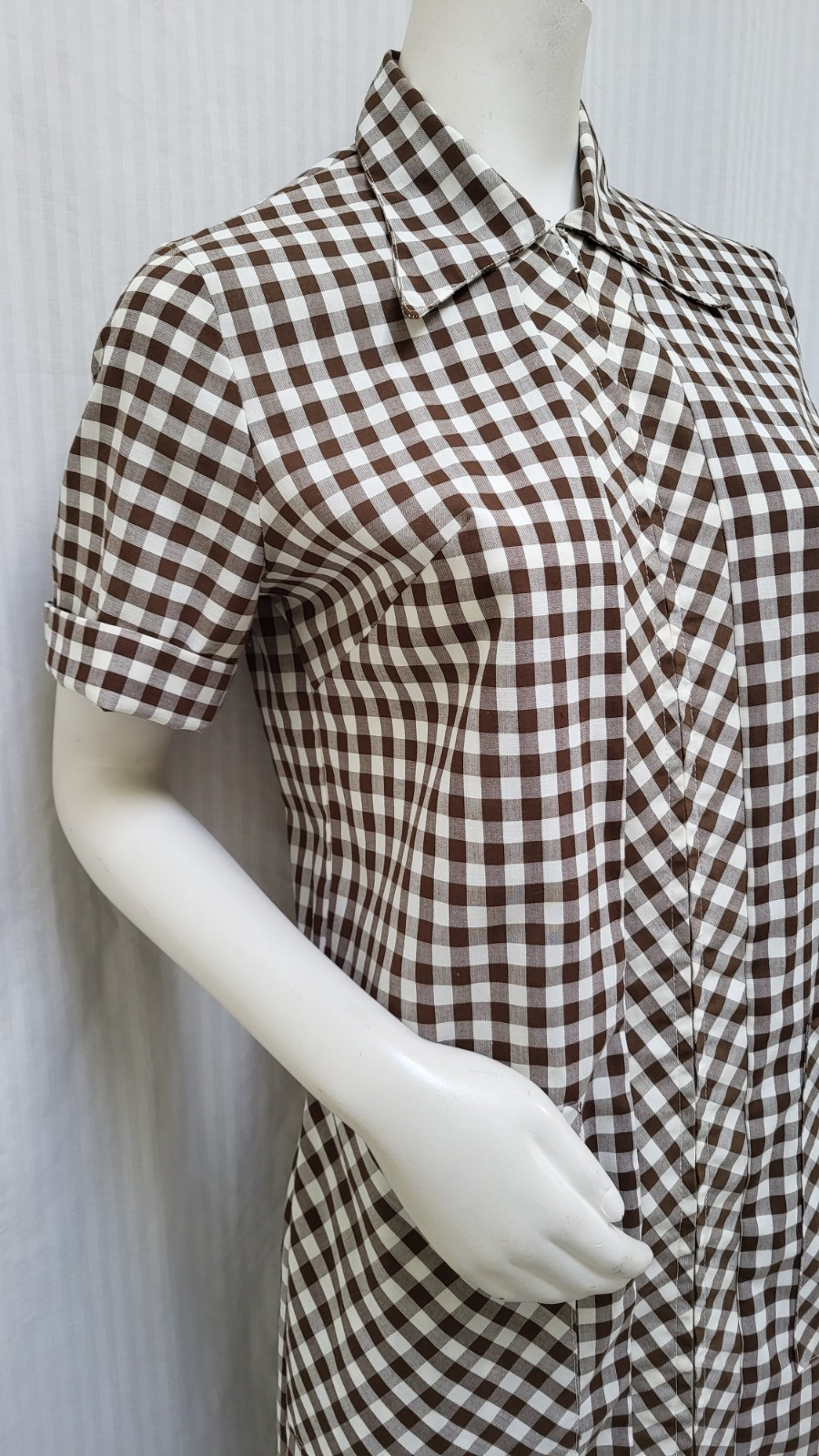 Vintage 1950/60s Brown Check Zip Front Collared Dress – Size M -EUC