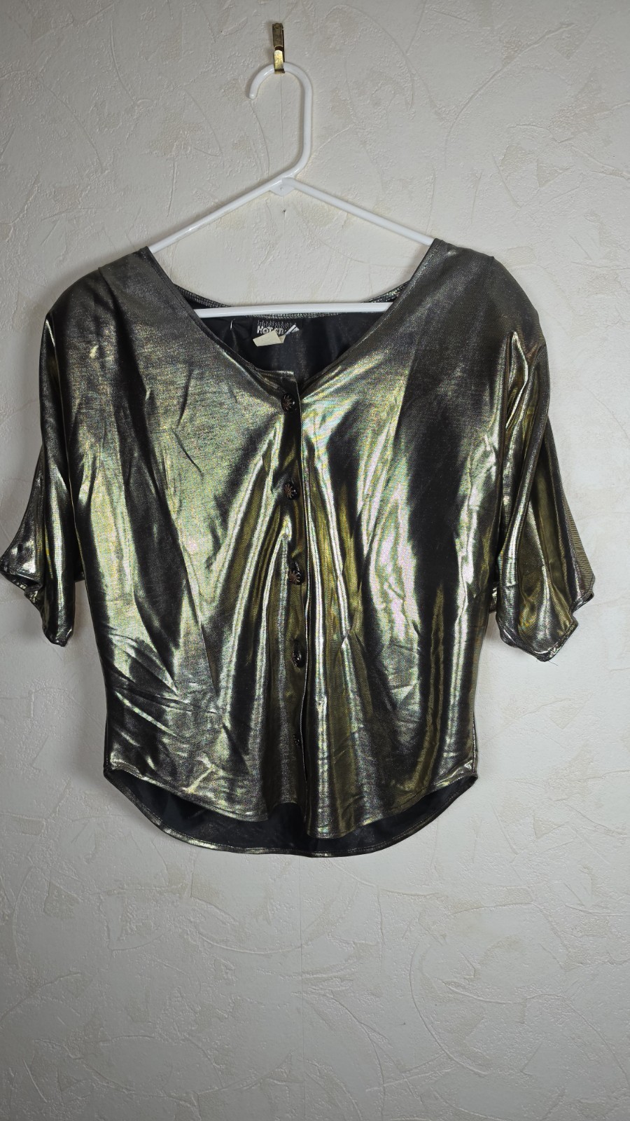 Vtg 80s Metallic Gold Lame Button Up Blouse by Hot Stuff Disco Retro Size Medium