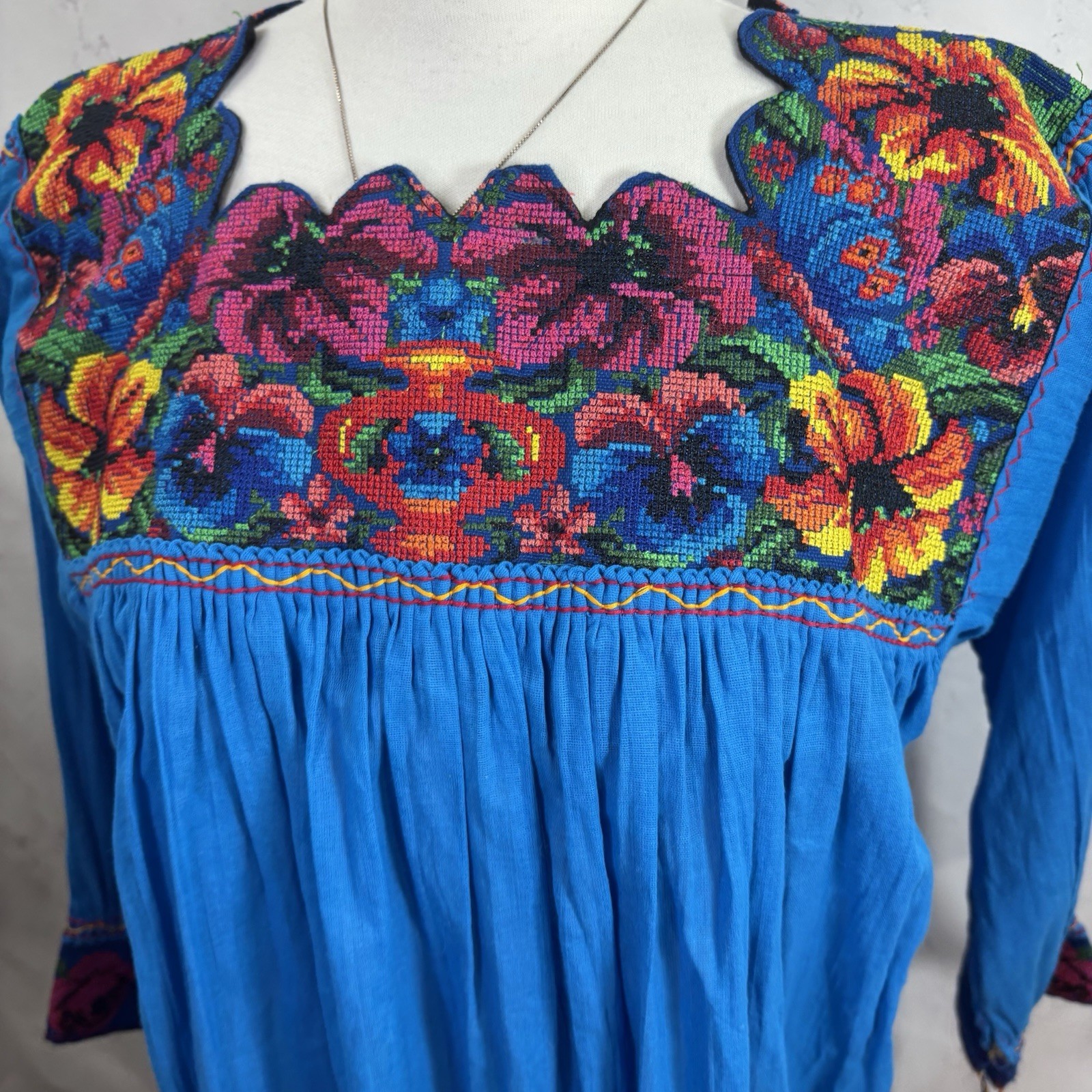 Vtg 70s Mexican Embroidered Cotton Tunic Blouse Boho Peasant Green Huipil M