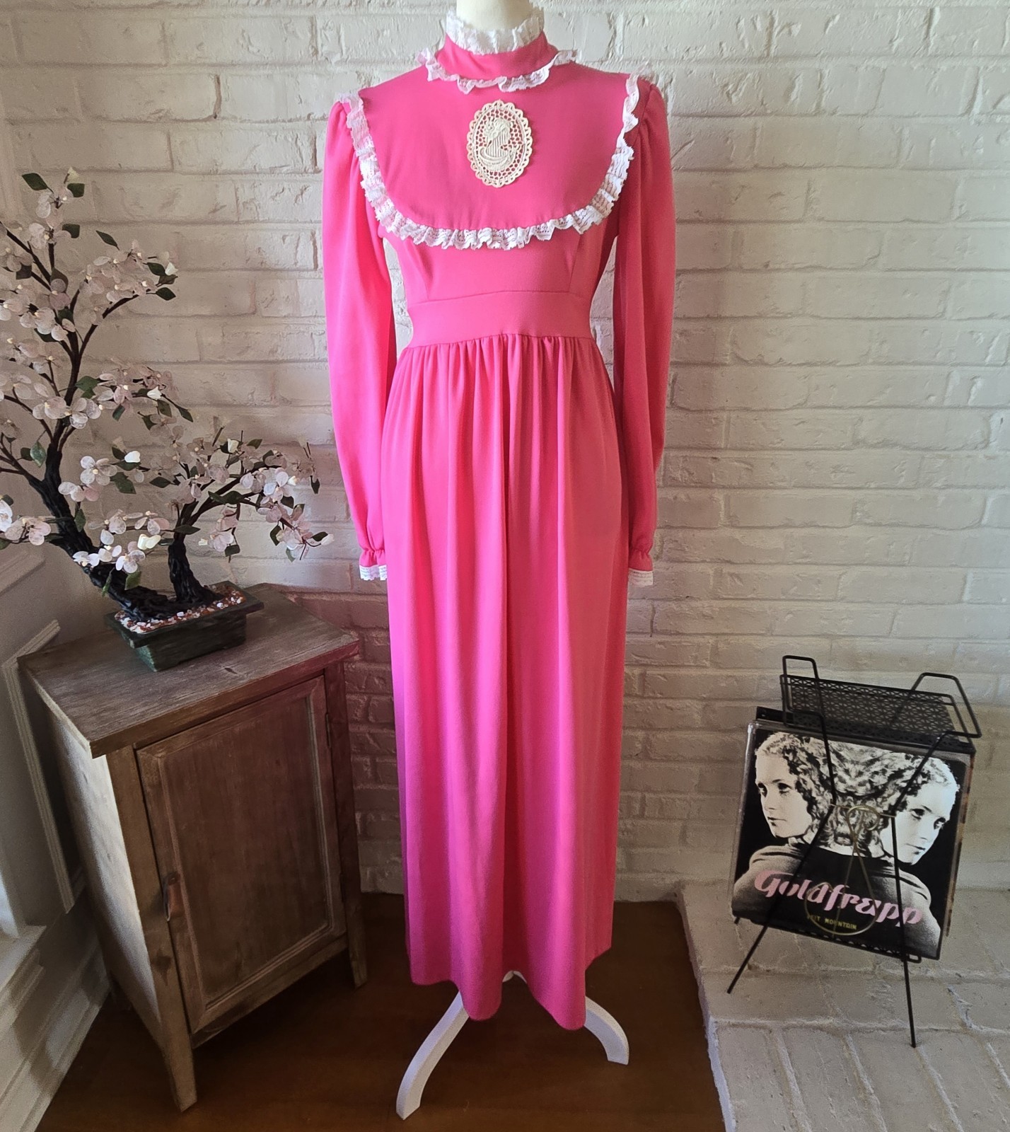 Vtg 60s 70s Pink Cameo Maxi Dress, Lace Trim, Sash, Long Sleeve, Party, Union