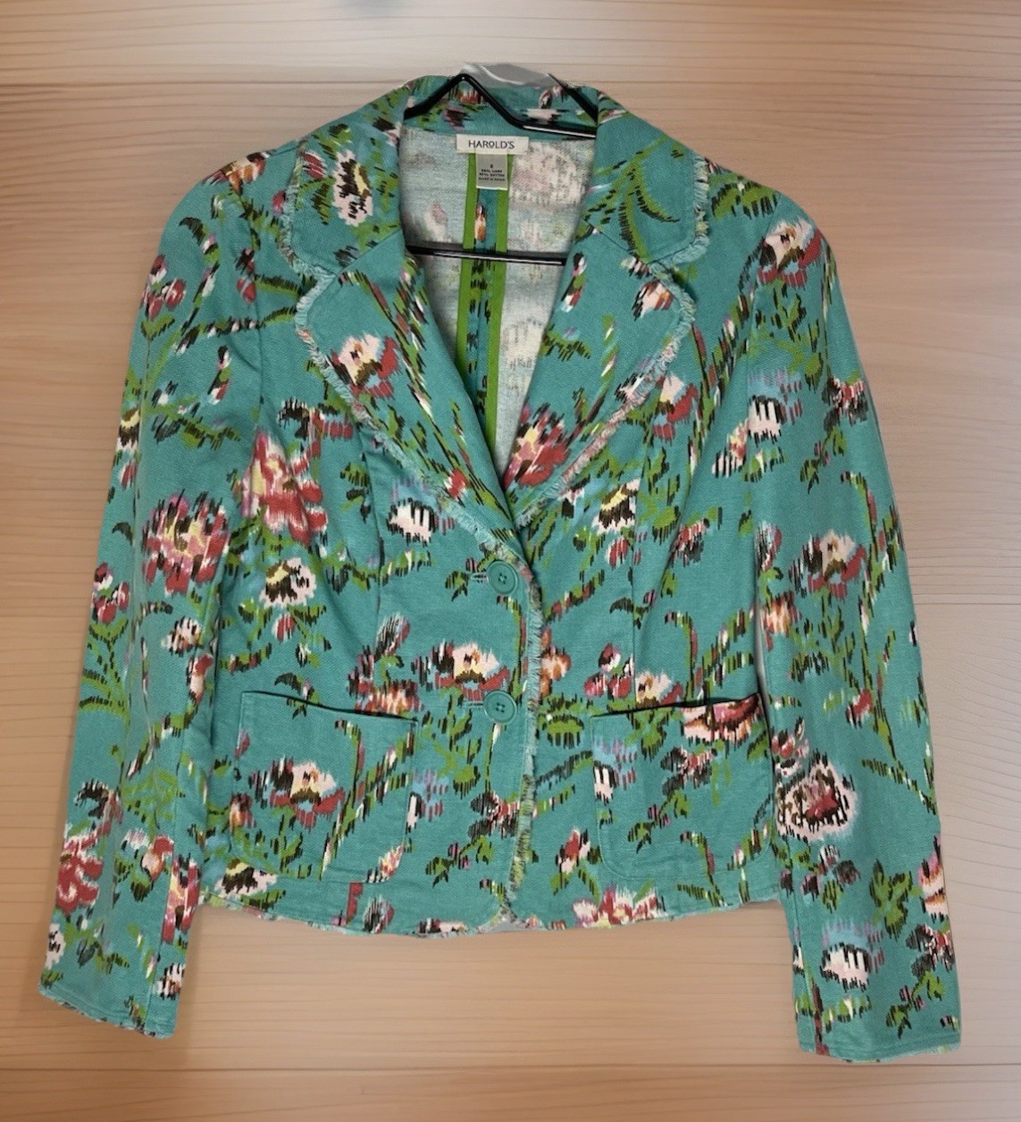 Harolds S~2 Jacket Green Floral BOHO Hippie Button Front Linen Blend Pink Flower