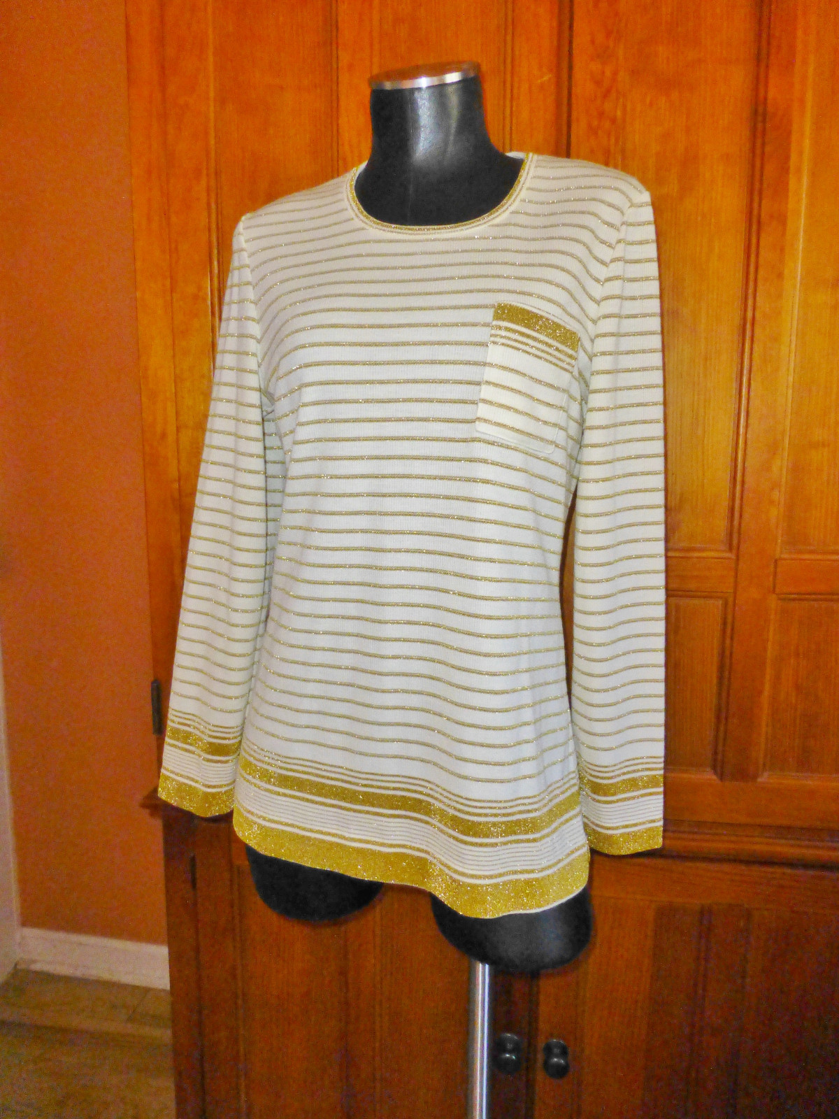 Vtg 70s GOLD Metallic Stripe Ribbed Knit Retro Cocktail TOP SWEATER Tunic M
