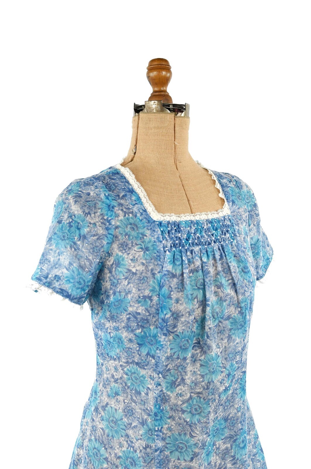 Vintage 50s Semi Sheer Cotton Blue Floral Novelty Print Cottage Prairie Dress M