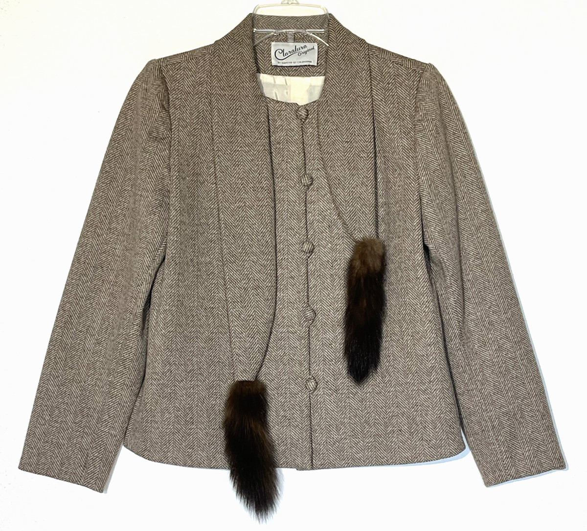 Vintage Claralura Original Herringbone Tweed Wool Real Fur Blazer Jacket Sz S
