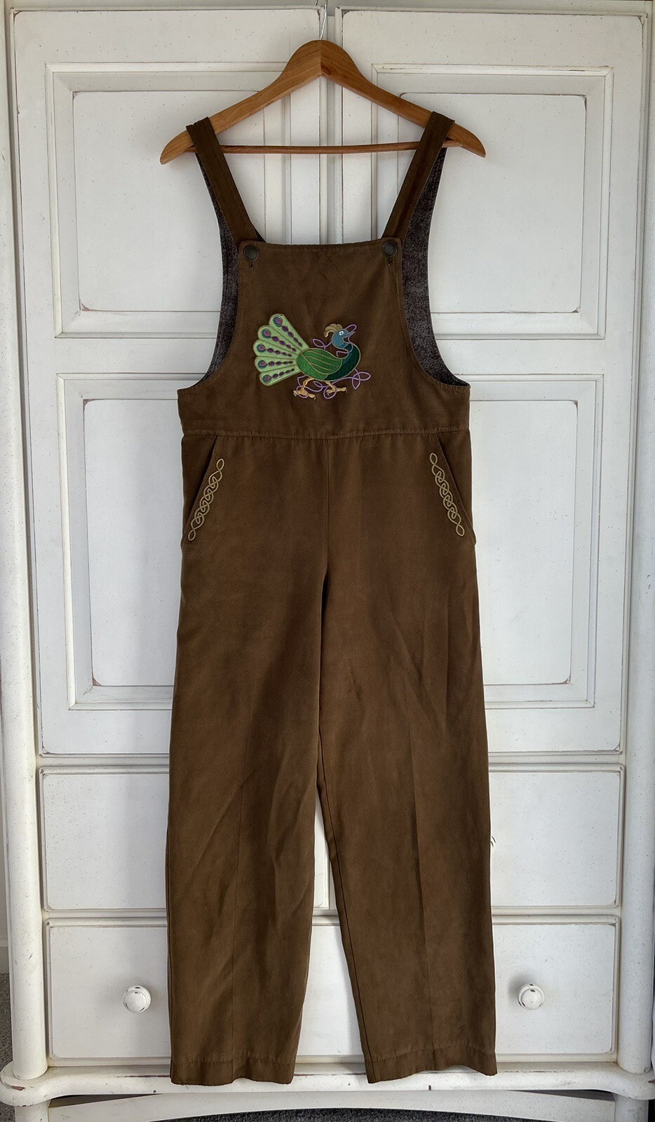 Vintage PEACOCK Embroidered Unique Handmade Bib Overall Boho Pants XS 28” Inseam