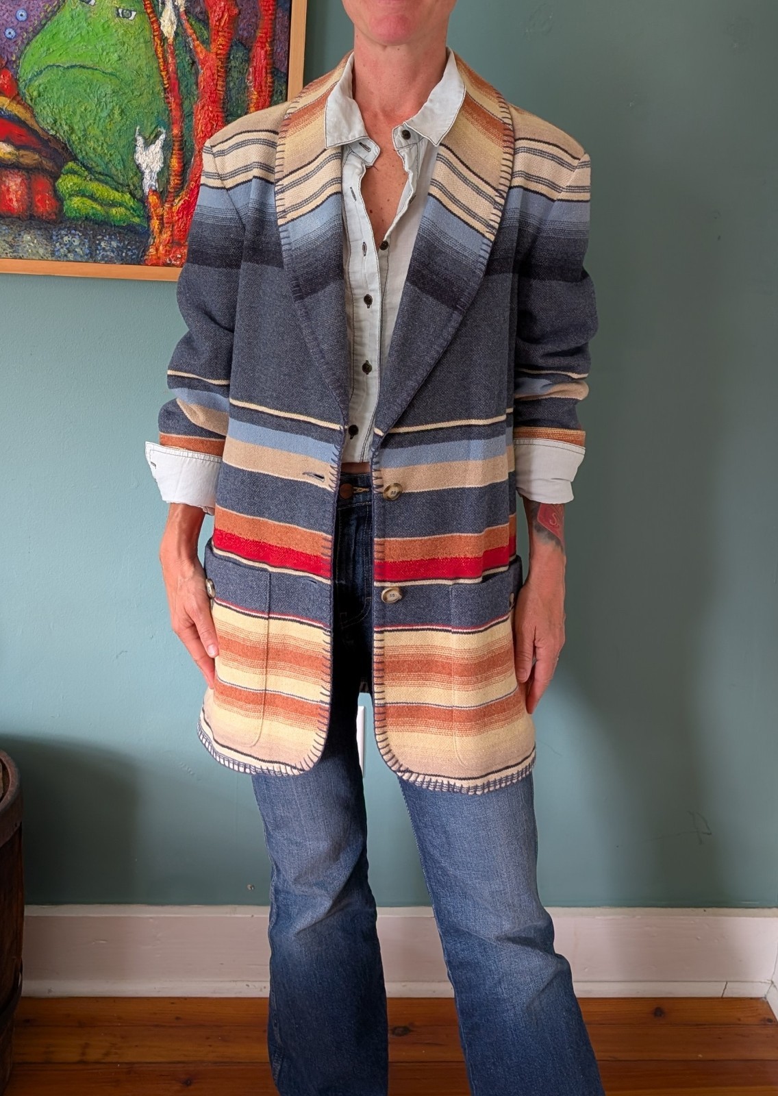 Vtg Express Wool Blend Western Serape Blanket Oversized Blazer Jacket XS