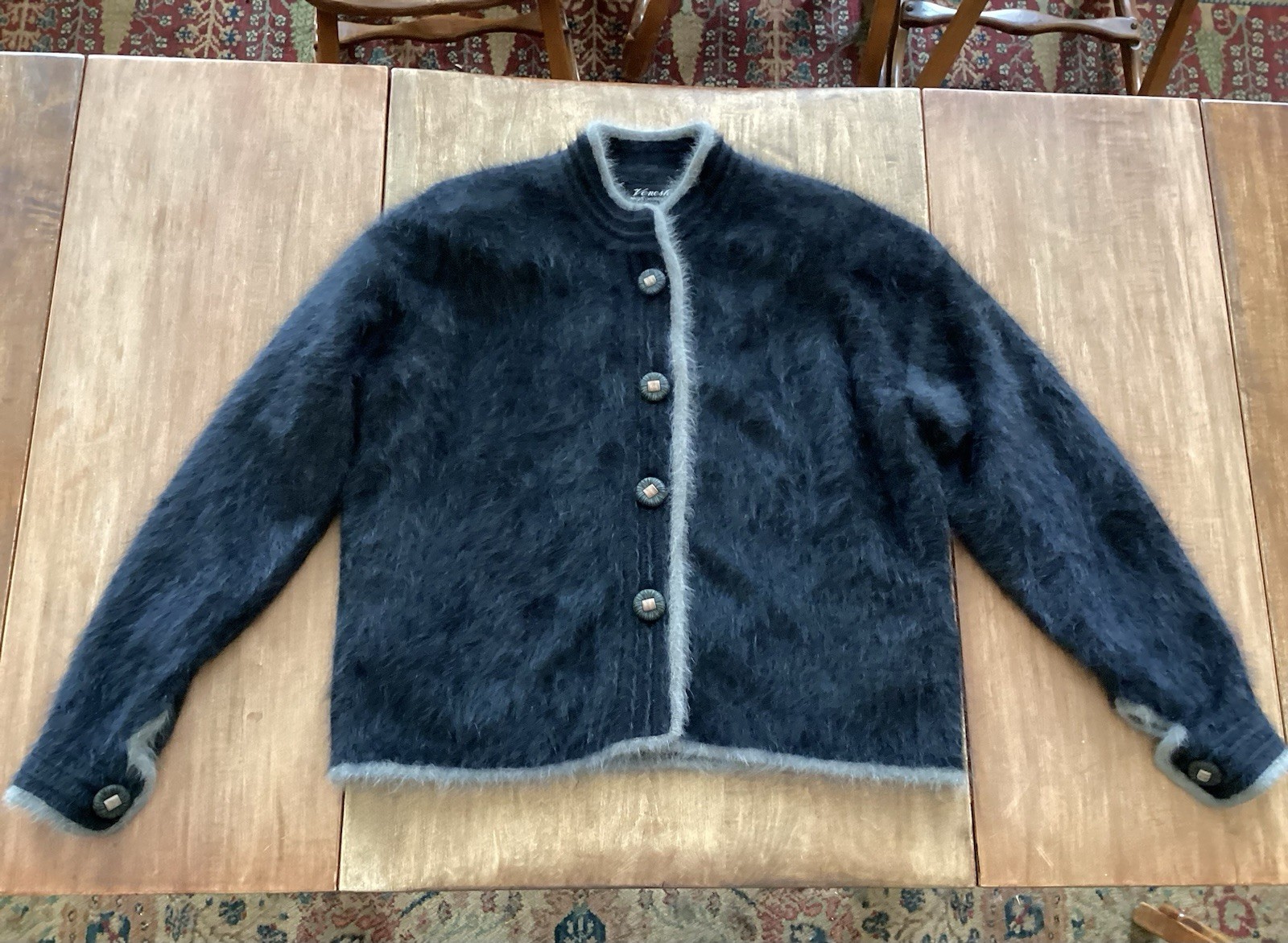 Vintage Venesha Jacket Angora Rabbit Hair Black Gray Button Up Cardigan Size L