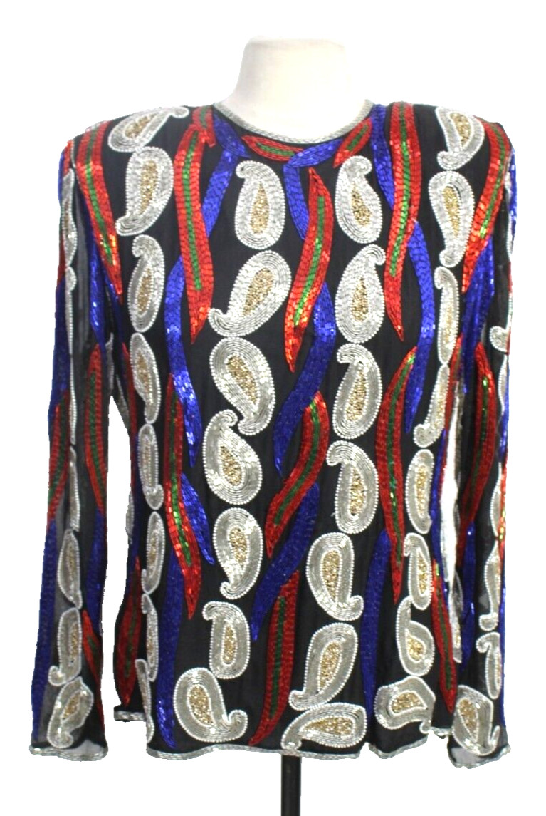 Swee Lo Blouse XL Vintage 80s Multicolored Sequin Paisley Blue Party Formal