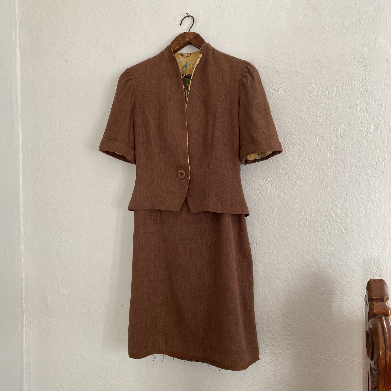 Vintage 30s 40s Silk Lined Linen Set Puff Sleeve Tailored Jacket/Top Skirt XS S