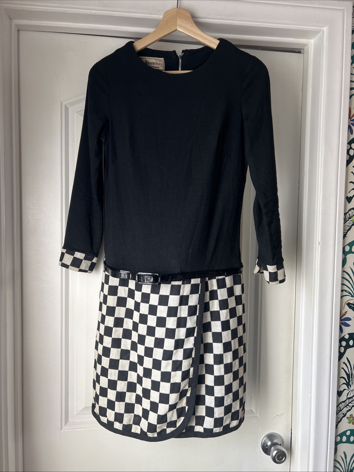 Vtg 60s Young Edwardian Checkered Drop Waist Mini Faux Wrap Dress Mod Twiggy S