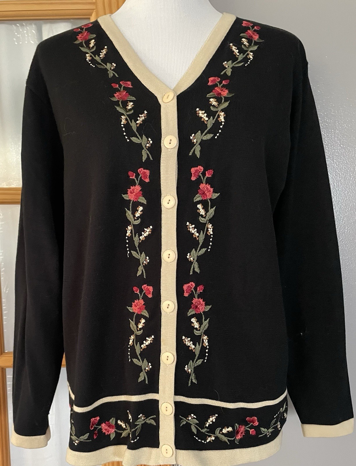 Vtg 70s Dressbarn Button Up Cardigan Sz L Black Red Floral Embroidery Hong Kong