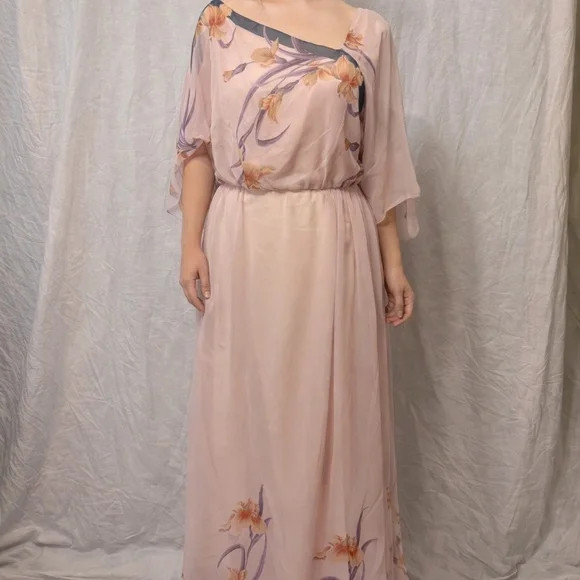 Vintage David Morris Chiffon Gown | Late 1970s–Early 1980s Pink Flowy Floral