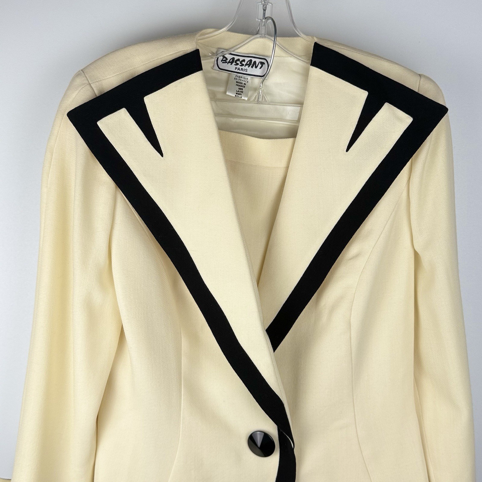 Vtg Bassant Paris Wool Skirt Suit Women’s S/M Cream Black Trim Haute Couture 90s