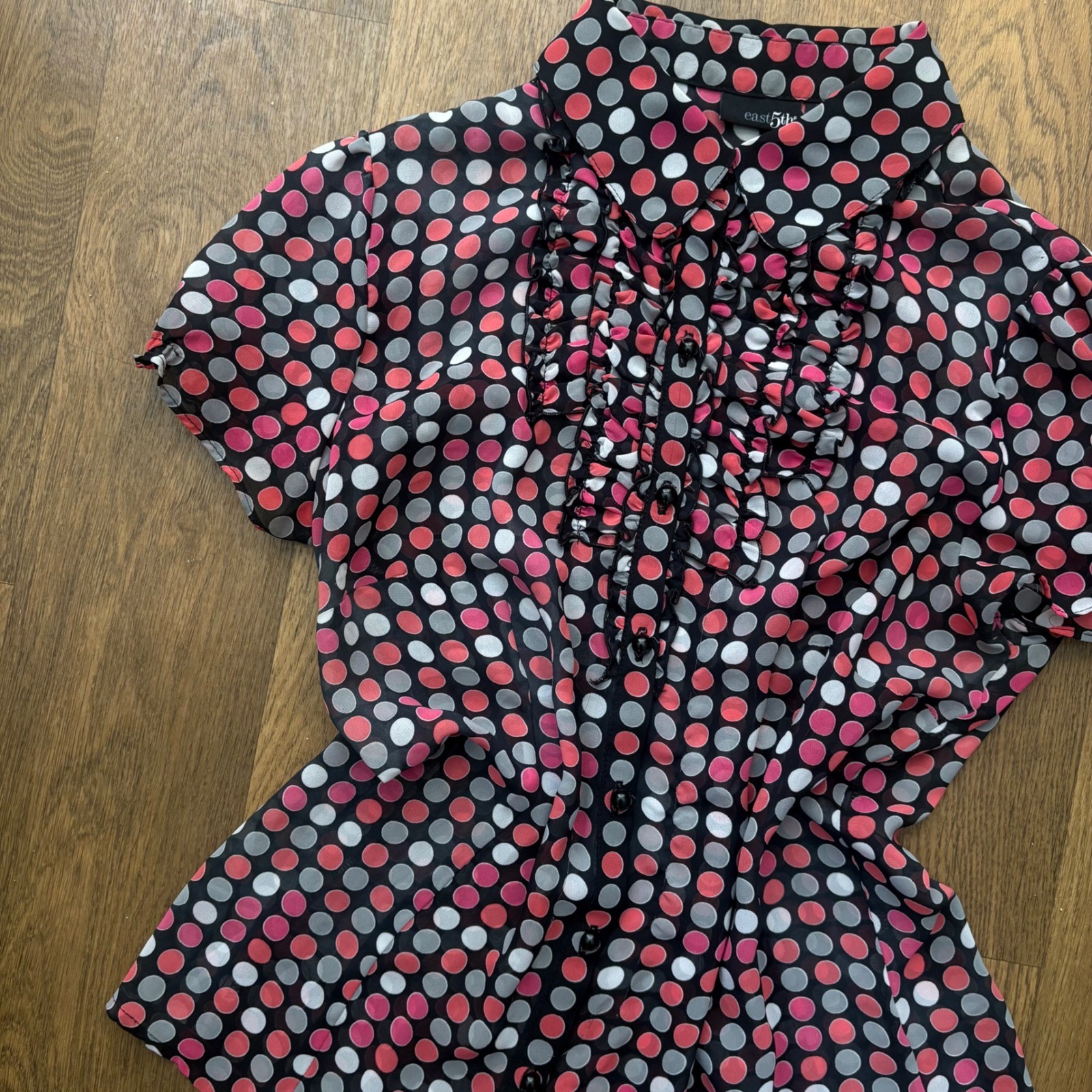 Vintage Y2K Whimsygoth Glam Twee East 5th Polka Dot Ruffle Button Down Blouse