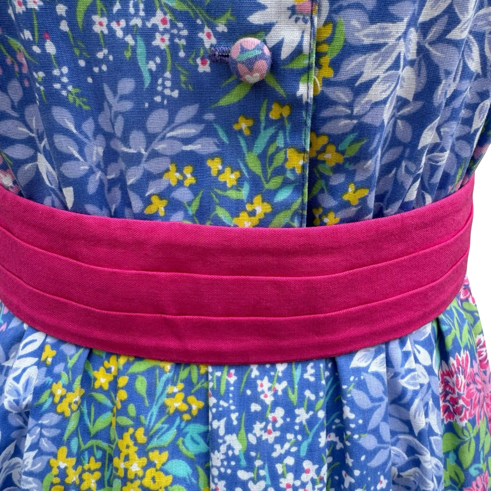 Petites by Willi Vintage Floral Puff Sleeve Midi Dress Blue Pink Size 4 USA Made
