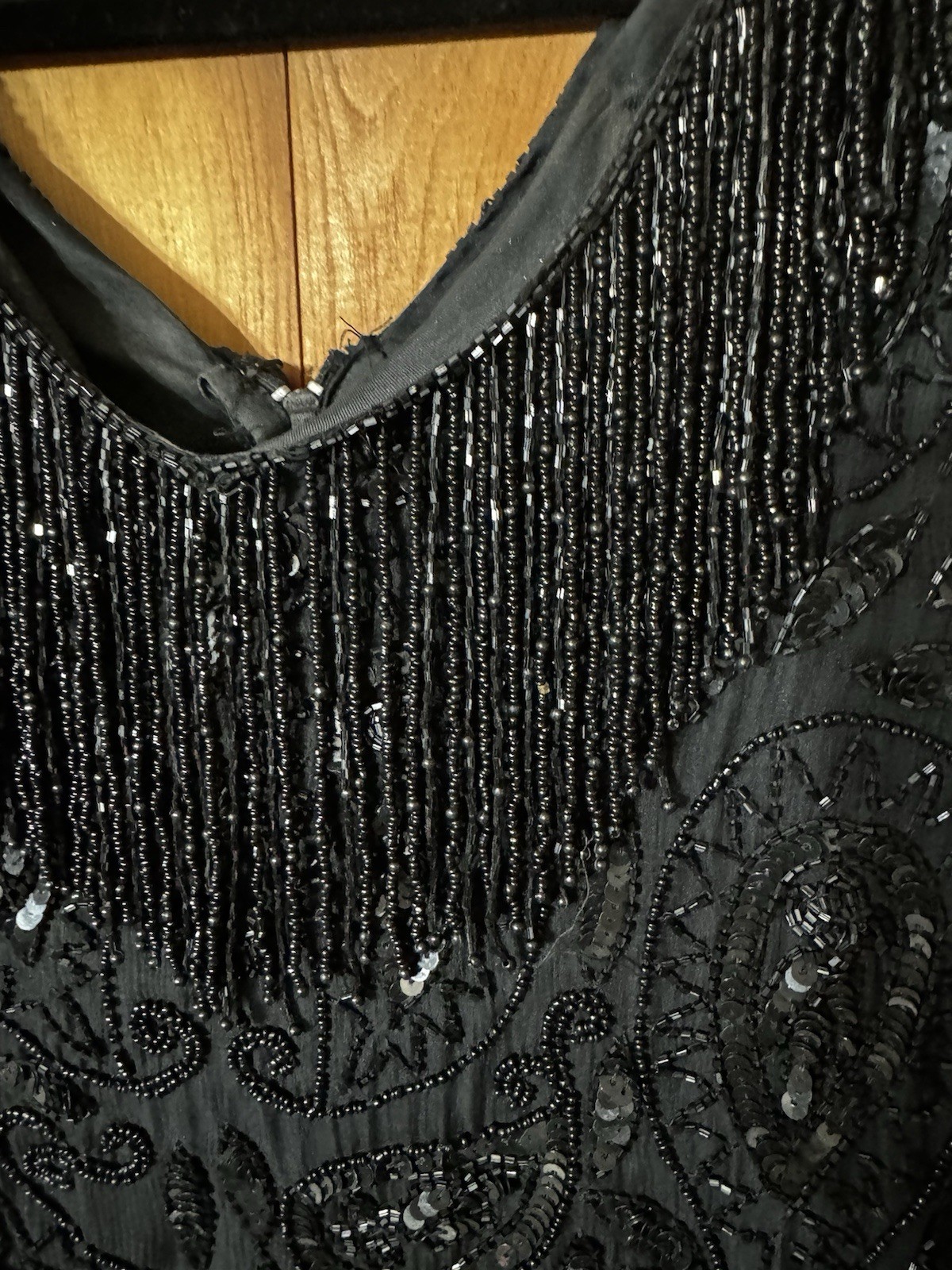 Mid 1990’s Black Tan Chho Sequinned & Beaded Dress with Fringe 2X BUST 44-48”