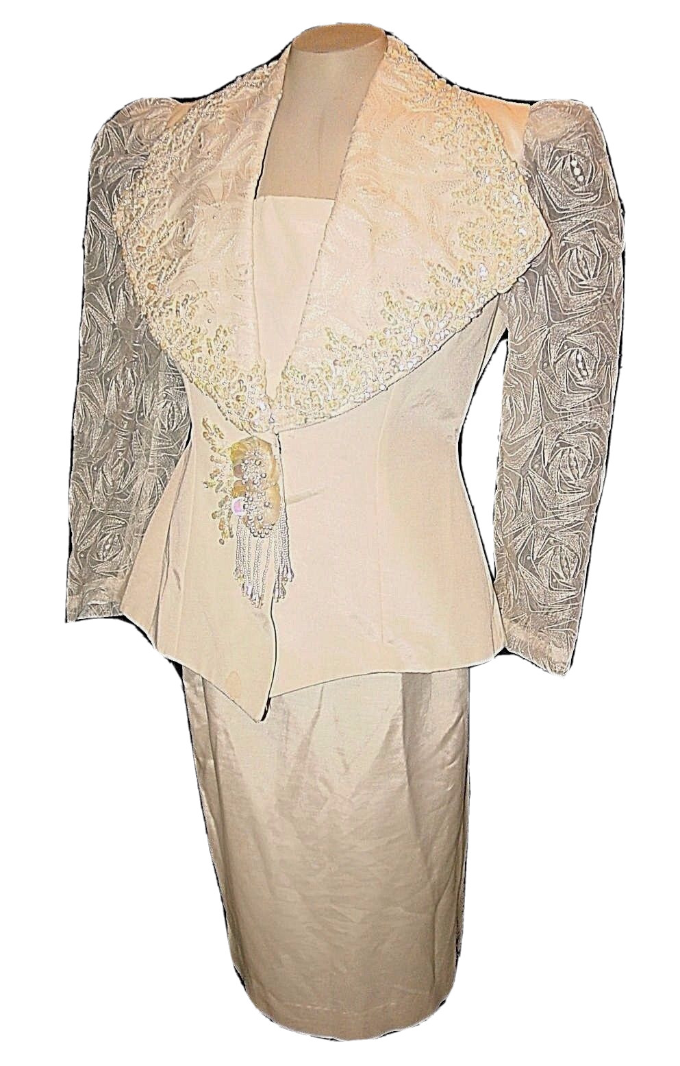 Wedding Suit, Vintage 1970s?, Blazer & Skirt Ivory Lace Beads Sequins, L