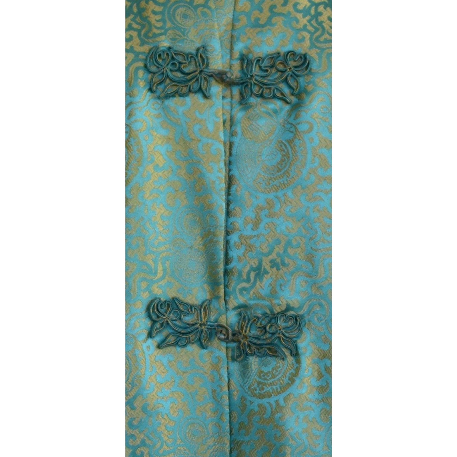 Vintage 60s Silk Jacquard Asian Jacket, Aqua Blue and Gold, Size L Large