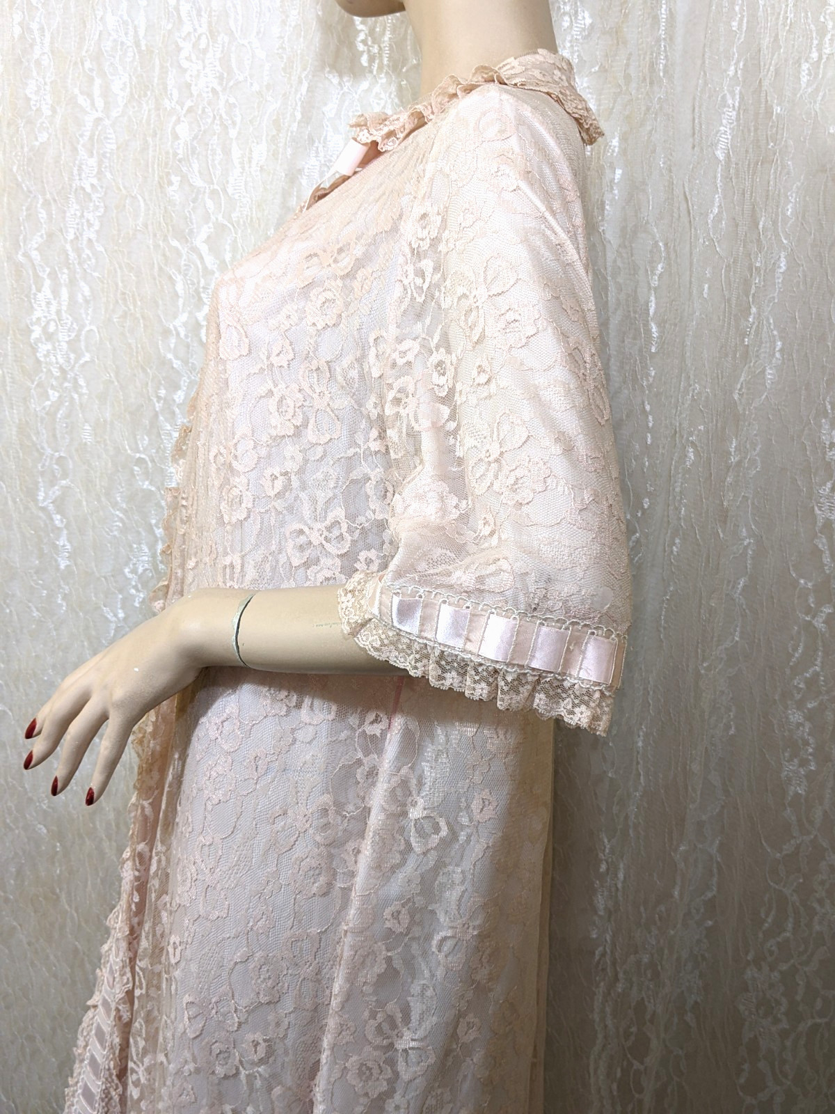 VTG Odette Barsa Lace Overlay Pocket Pink Peter Pan Collar Dressing Gown Robe L