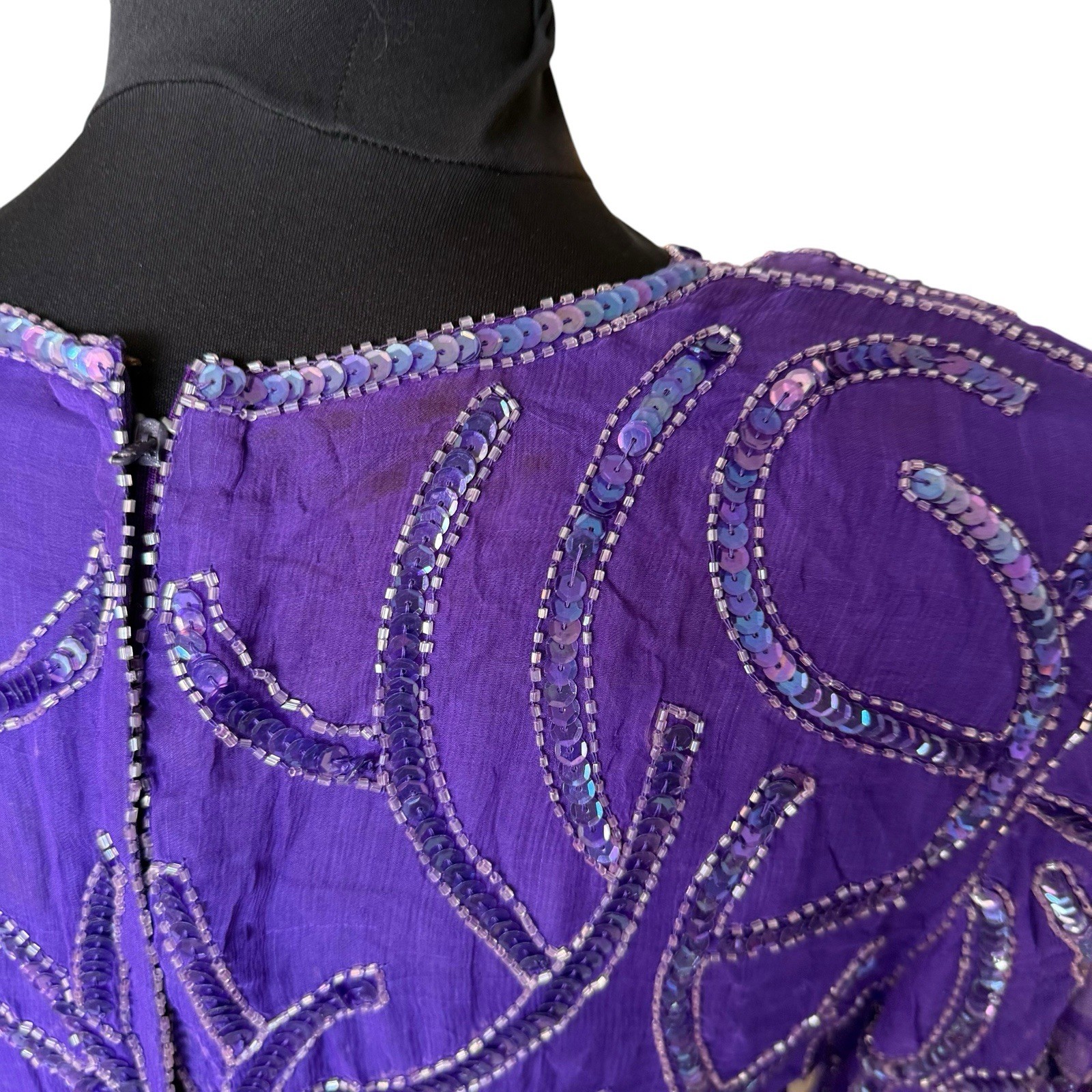 Vintage Carina Purple 100% Silk Beaded Long Sleeve Mini Dress