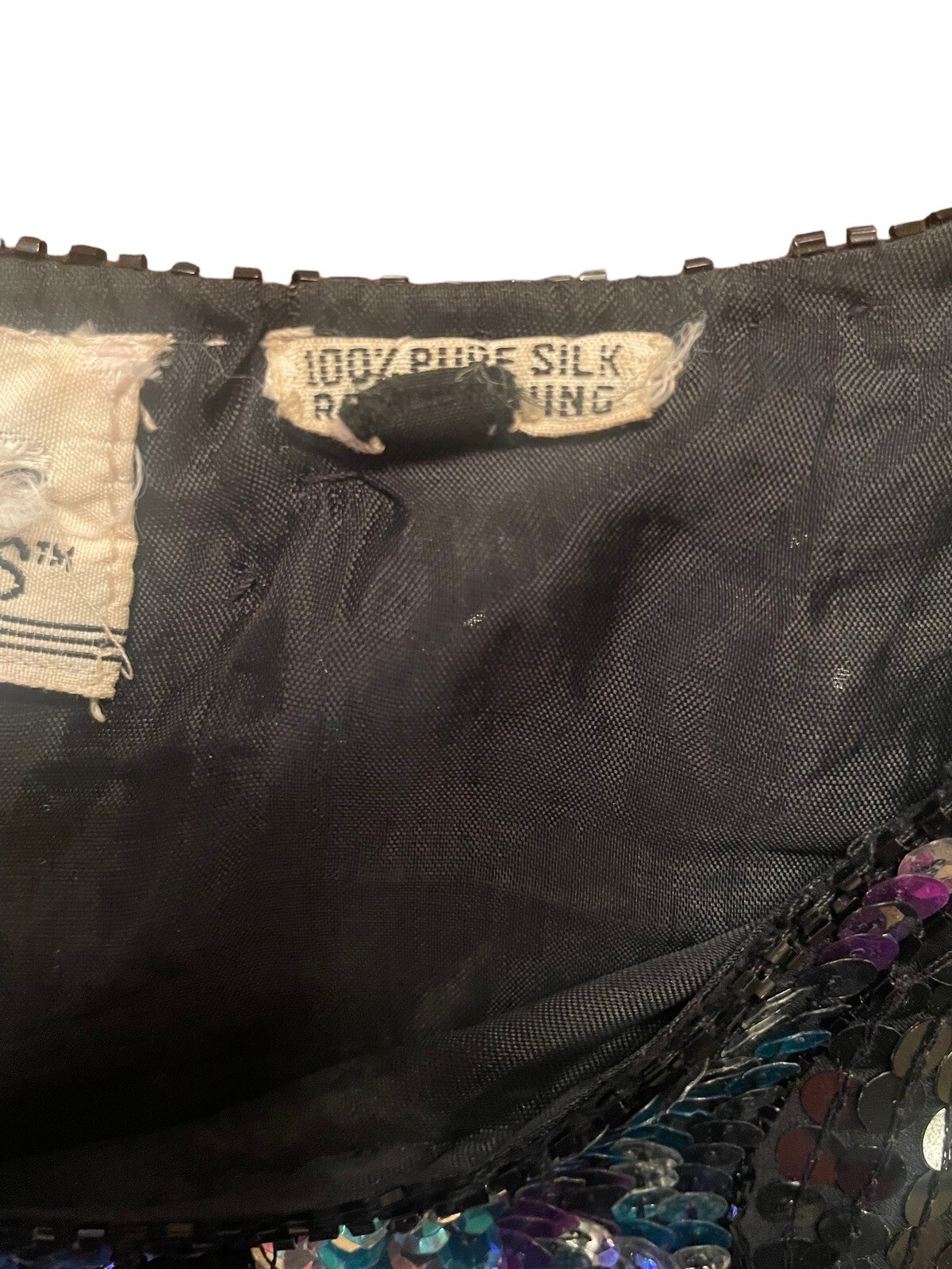 Vintage Petite Illustration Full Sequin Silk Top Black Multi Color Short Sleeve