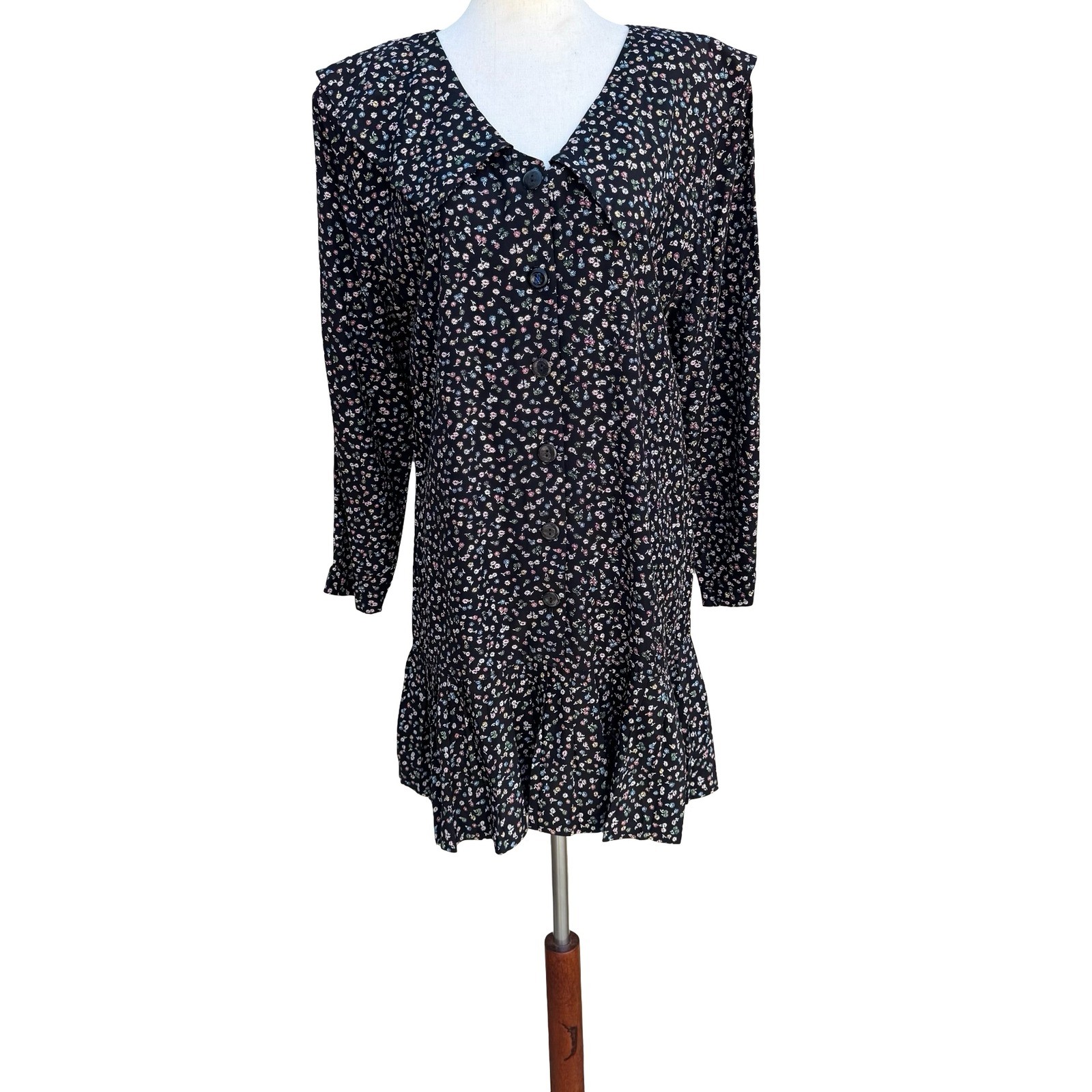 Rampage Vintage Black Ditsy Floral Drop Waist Mini Dress 90s Goth Grunge Size 11