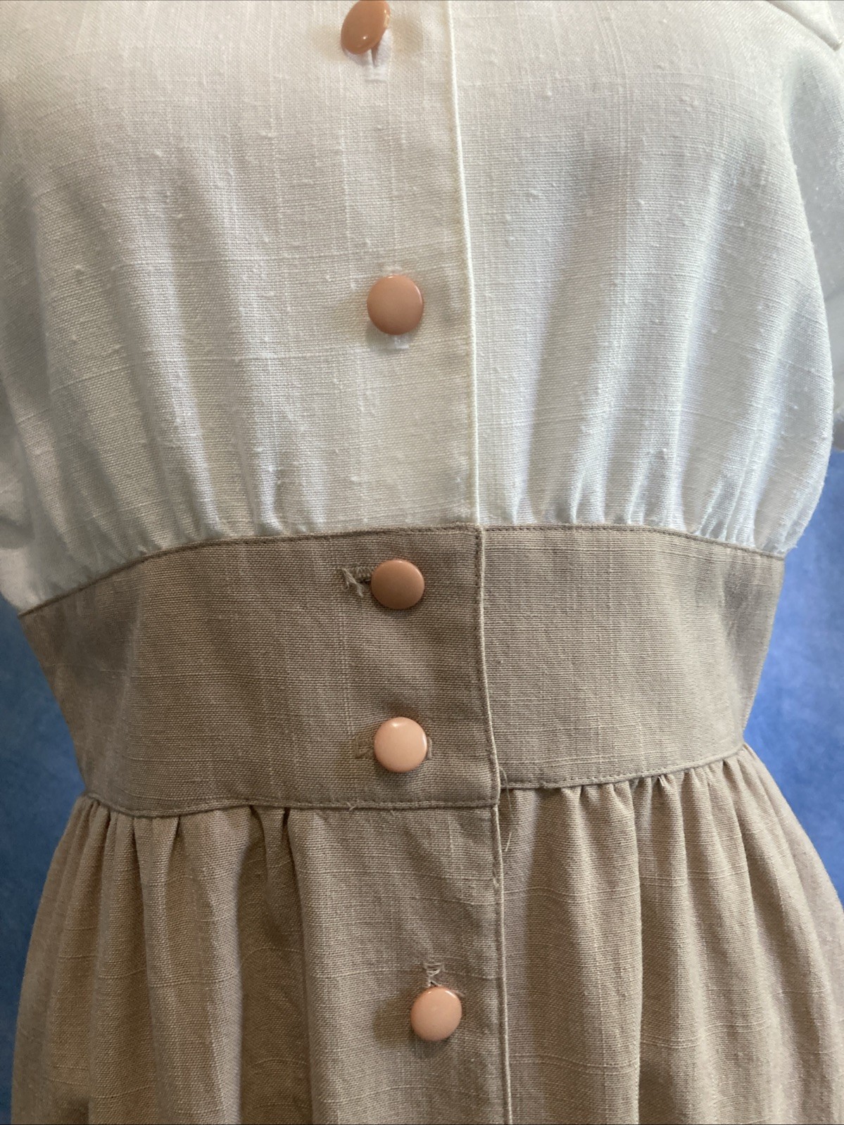 VTG 80s Does 50s Caron Petite Chicago Linen Look Dress Cream Tan Shirtdress XS