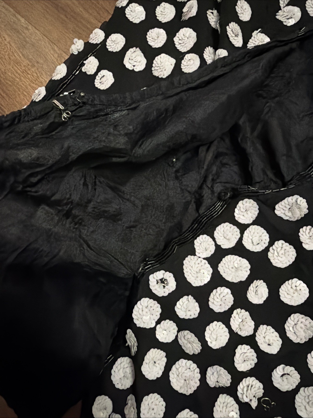 Vtg Judith Ann Creations 100% Silk Beaded Sequin Jacket Black White Polka Dot M