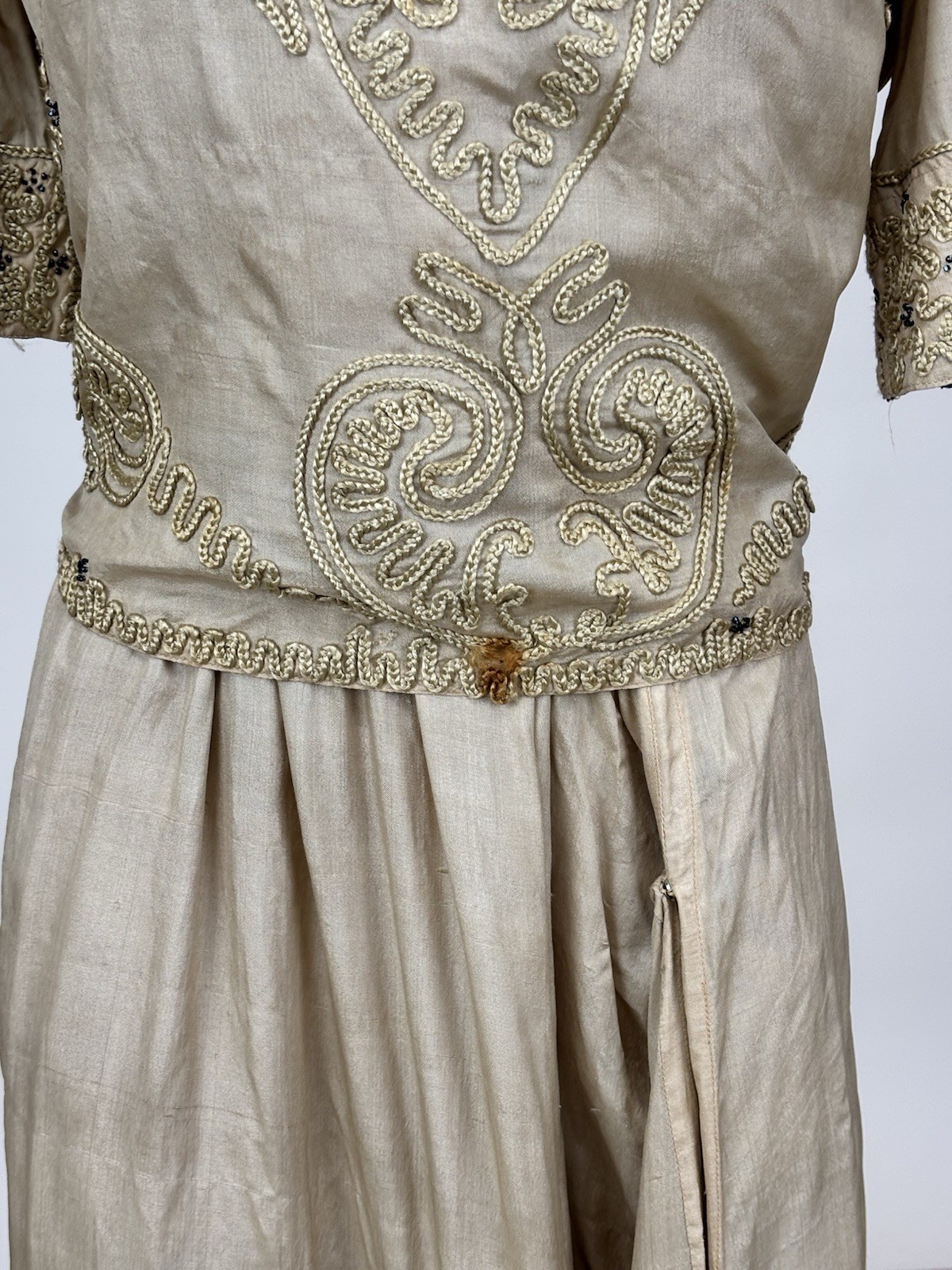 Antique Edwardian 1910s Beige Silk Day Dress Cording Blue Beads Wrap Bodice