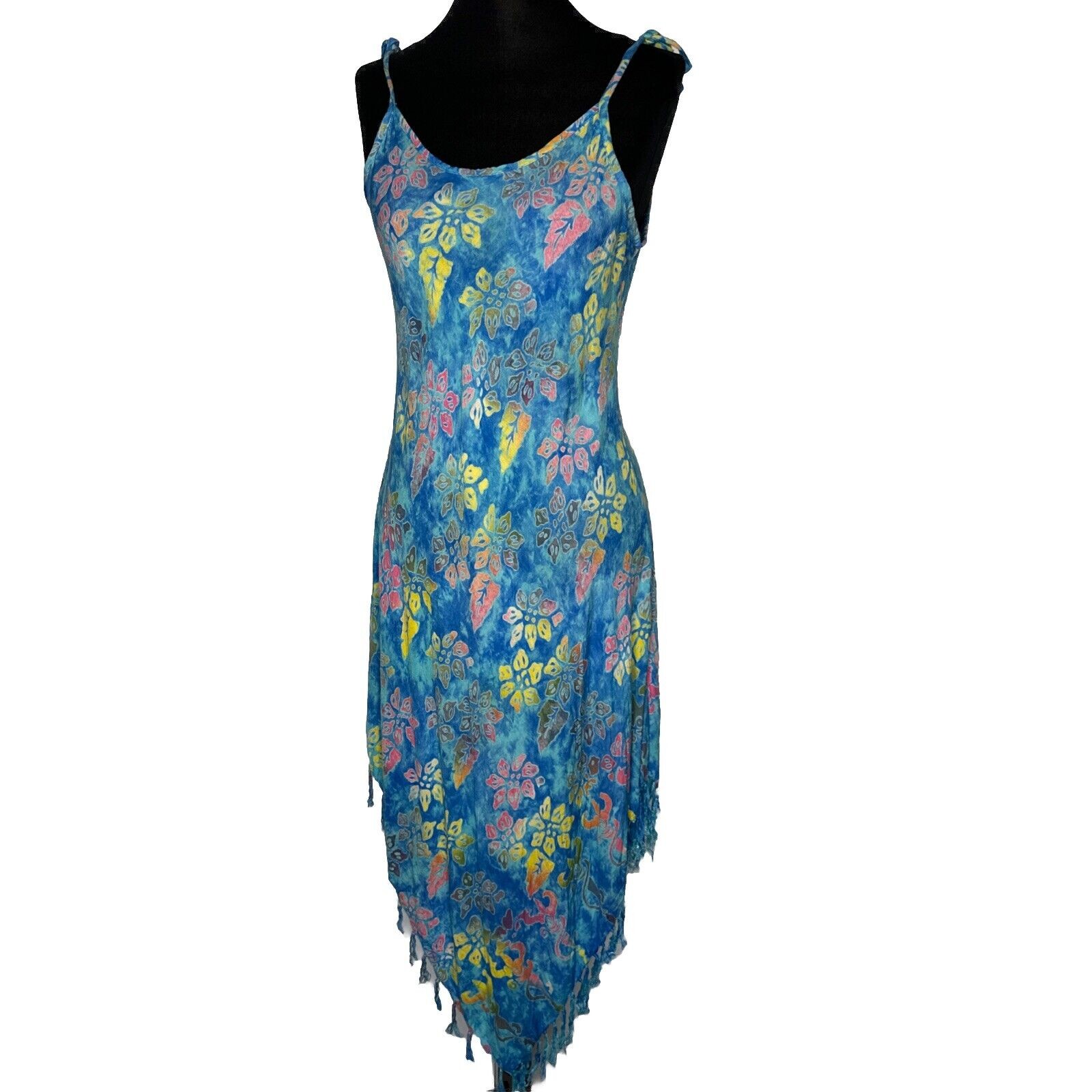 Vintage Indonesian Midi Dress L – Bright Tropical Handmade Boho Authentic Bright