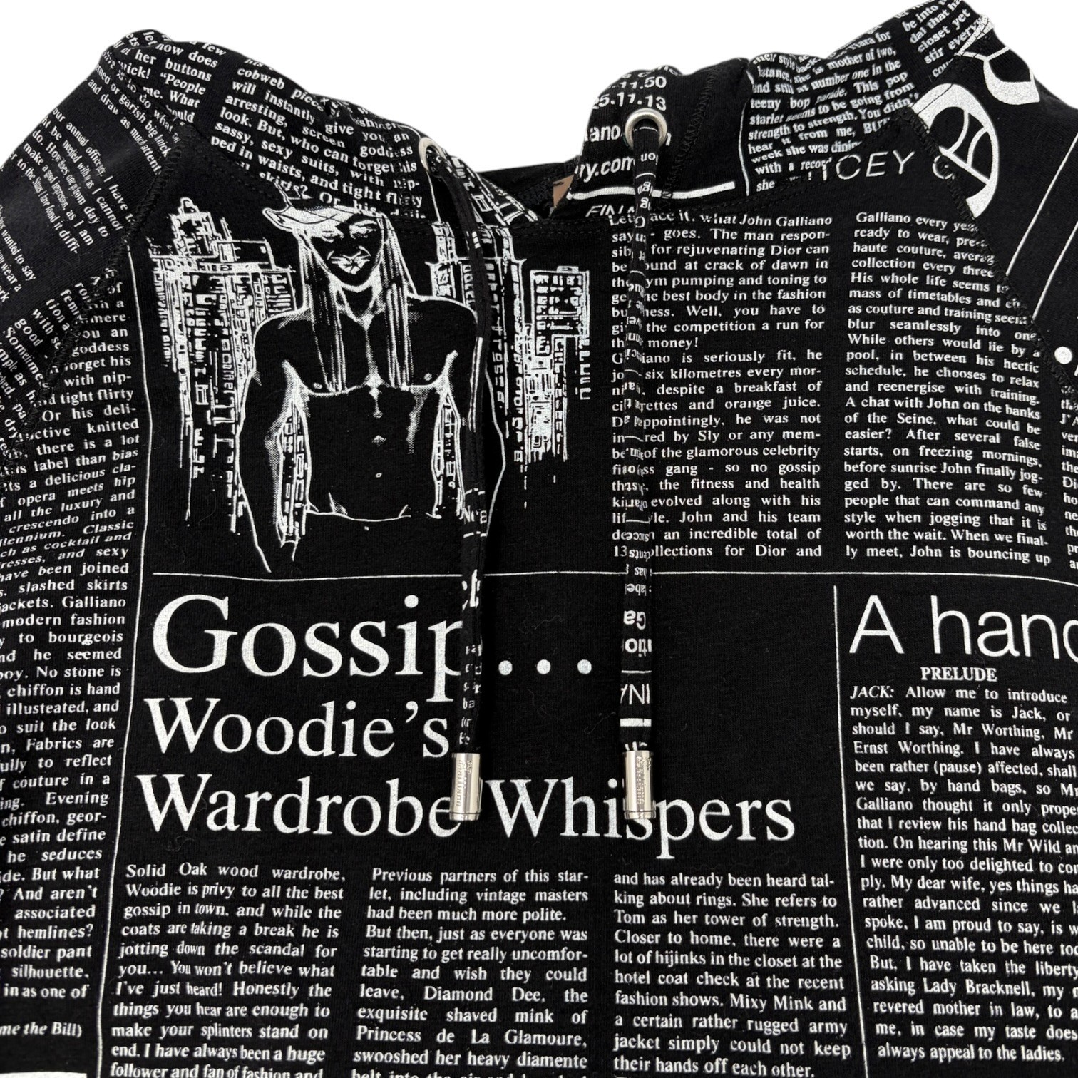 John Galliano Vintage Newspaper Print Hoodie Top Pants Set #XS Black 902549