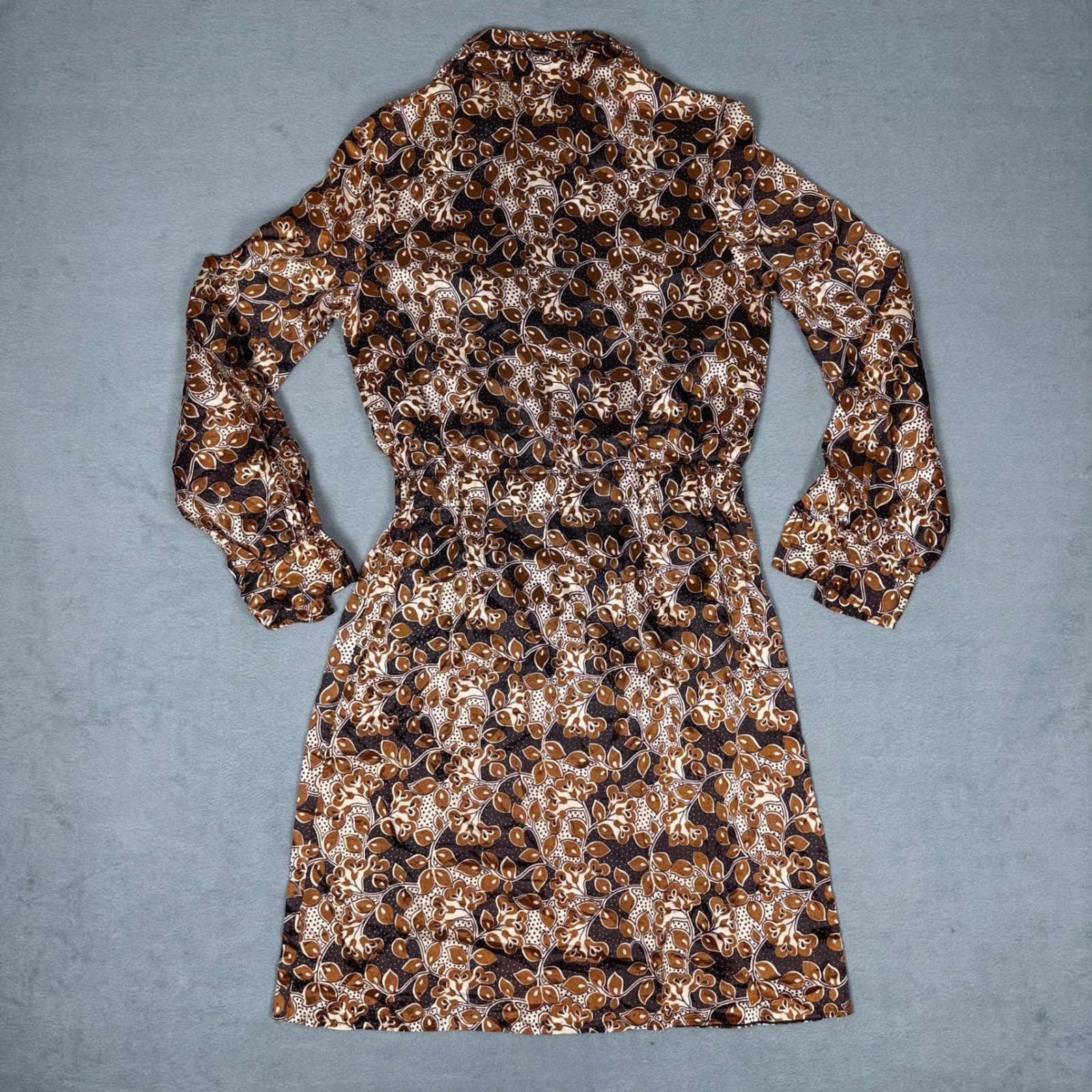 Vintage 70s Whistle Stop Shirt Dress Zip Front Leaf Print Brown Boho S/M