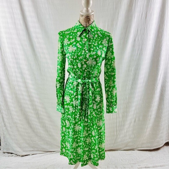 Vintage 70s The Stroller Shirt Dress Green Floral Size S/M
